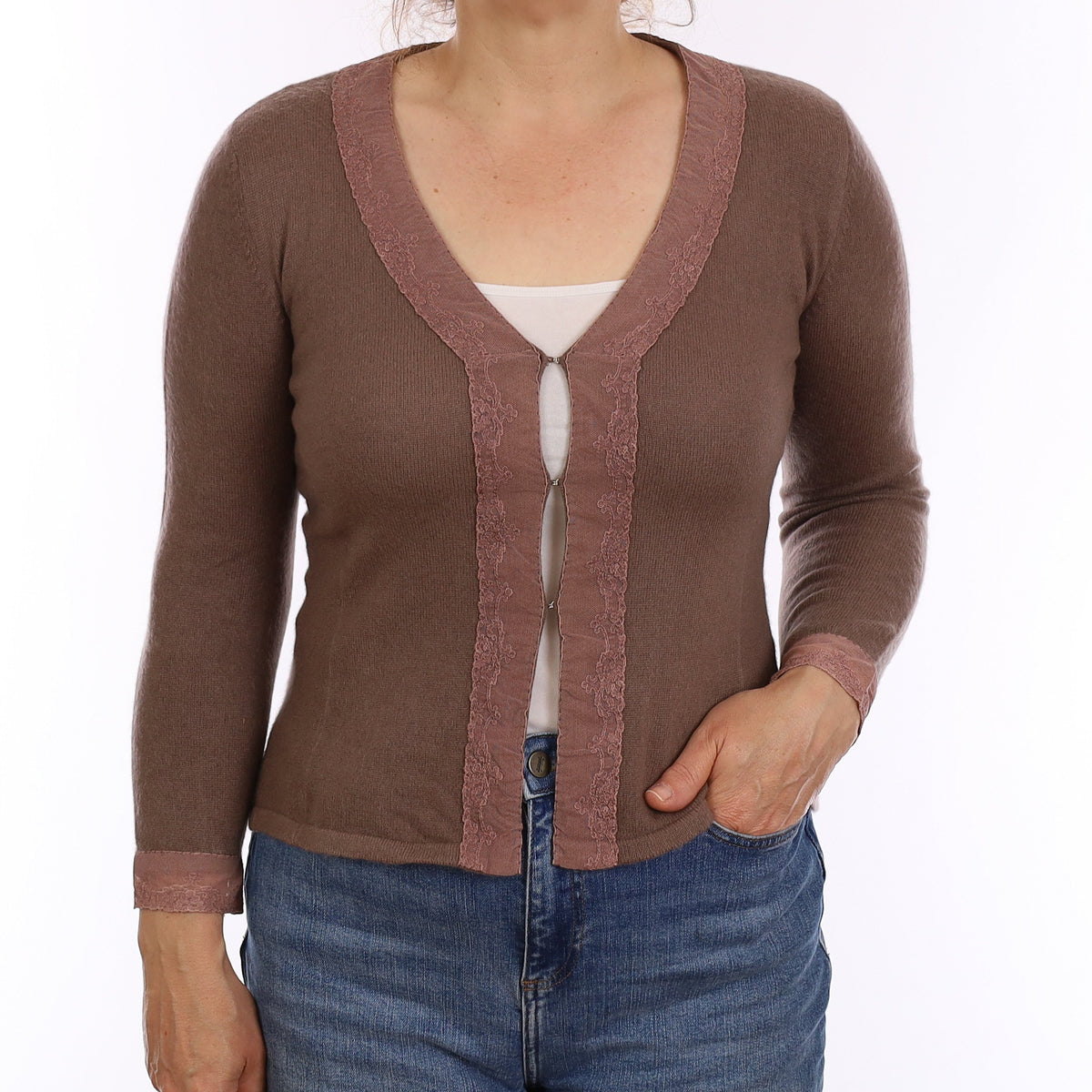 Mocha Brown Cashmere Lace Trim V Neck Cardigan Medium