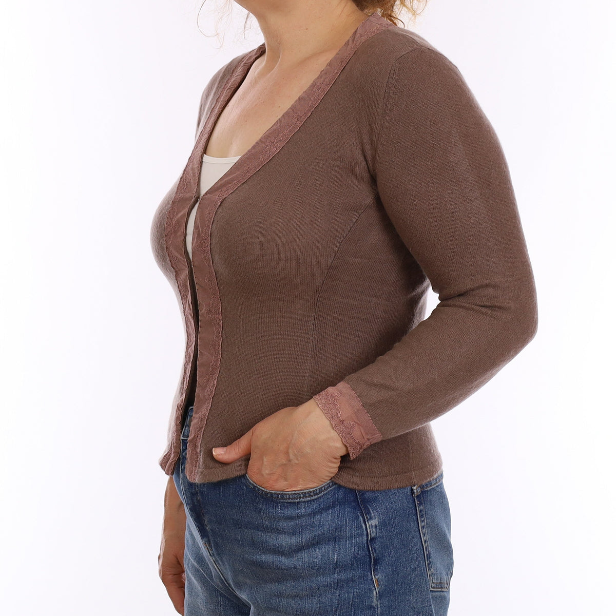 Mocha Brown Cashmere Lace Trim V Neck Cardigan Medium
