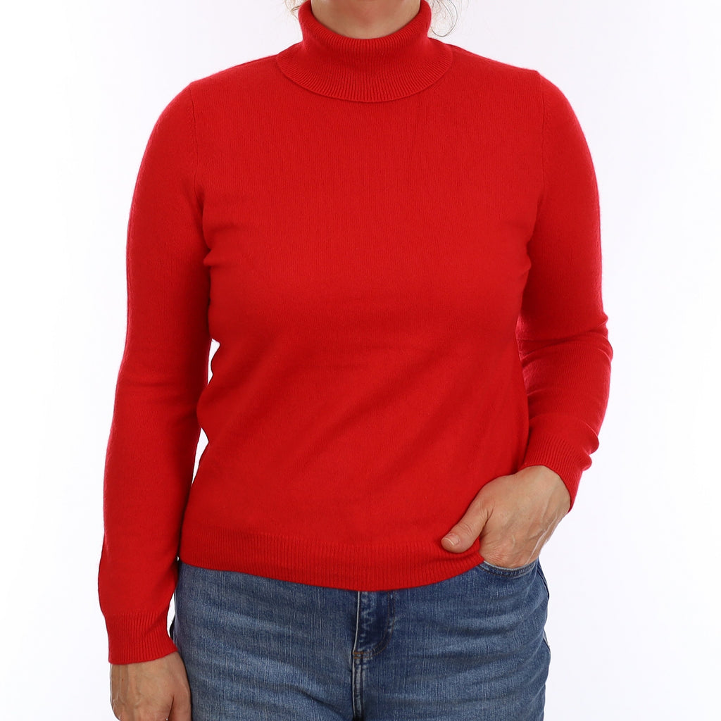Vermillion Red Cashmere Polo Neck Jumper Medium