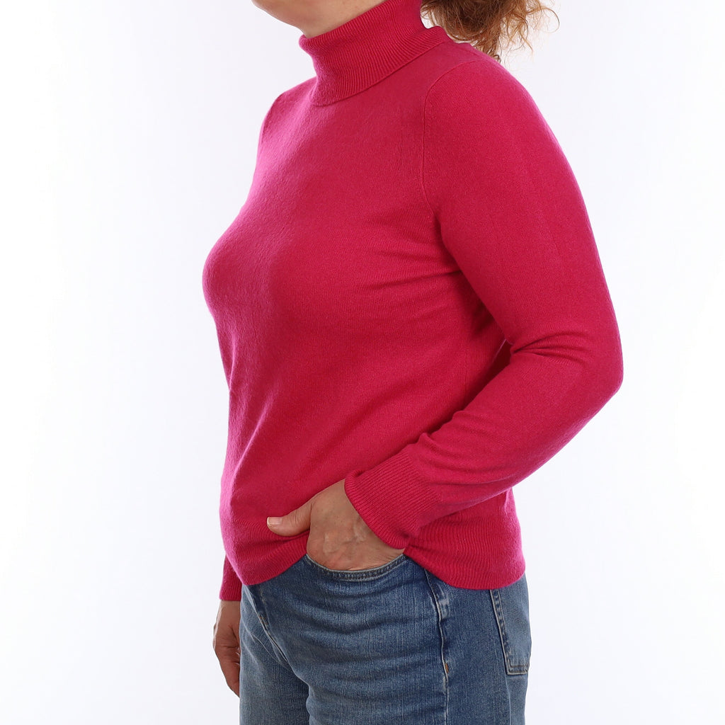 Fuchsia Pink Cashmere Polo Neck Jumper Medium