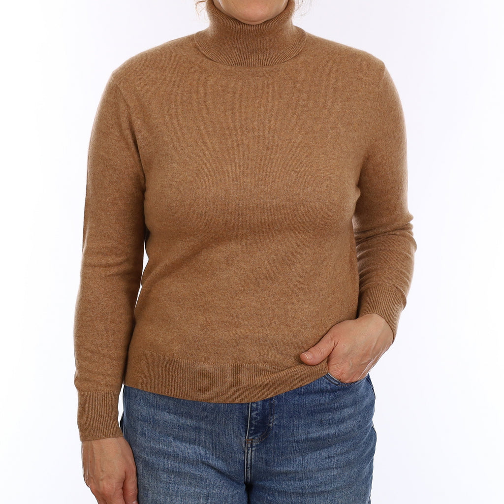 Toffee Brown Cashmere Polo Neck Jumper Medium