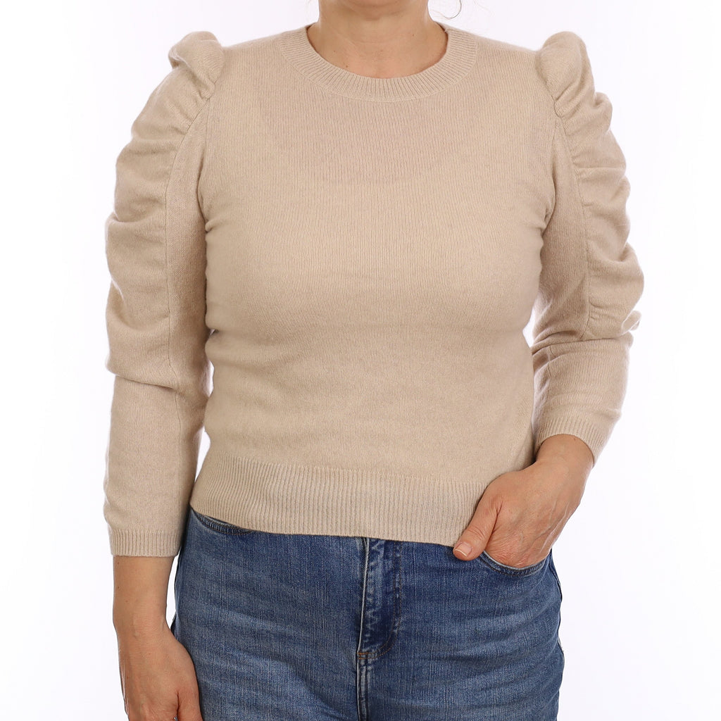 Sand Beige Cashmere Puff Shoulder Crew Neck Jumper Medium