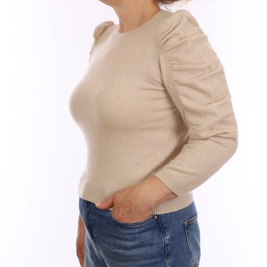Sand Beige Cashmere Puff Shoulder Crew Neck Jumper Medium