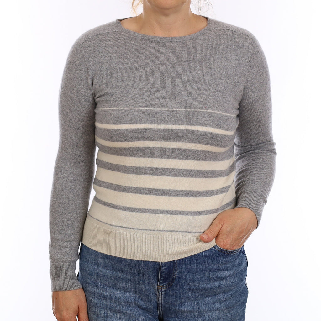 Grey & Ivory Stripe Cashmere Crew Neck Jumper Medium