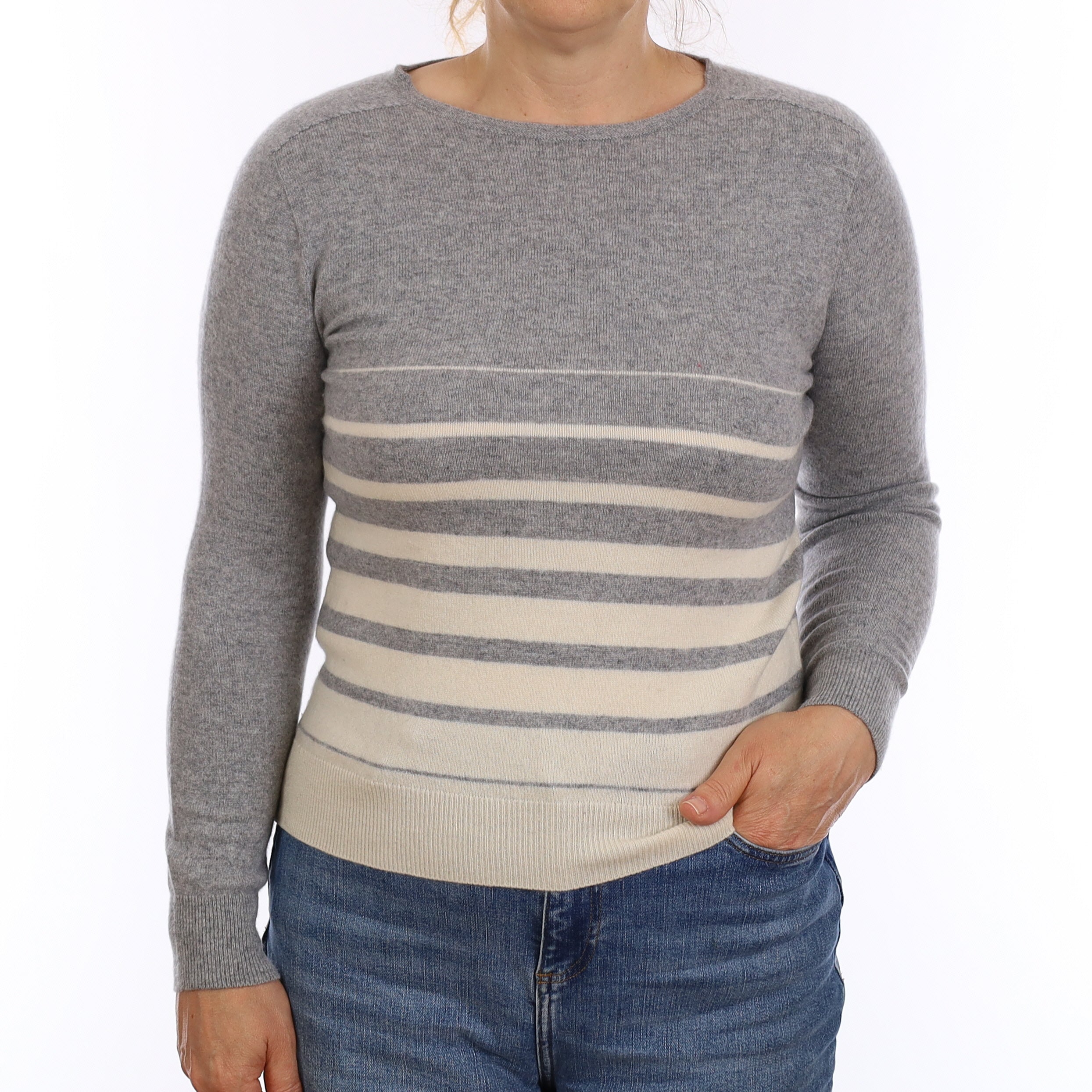Grey & Ivory Stripe Cashmere Crew Neck Jumper Medium