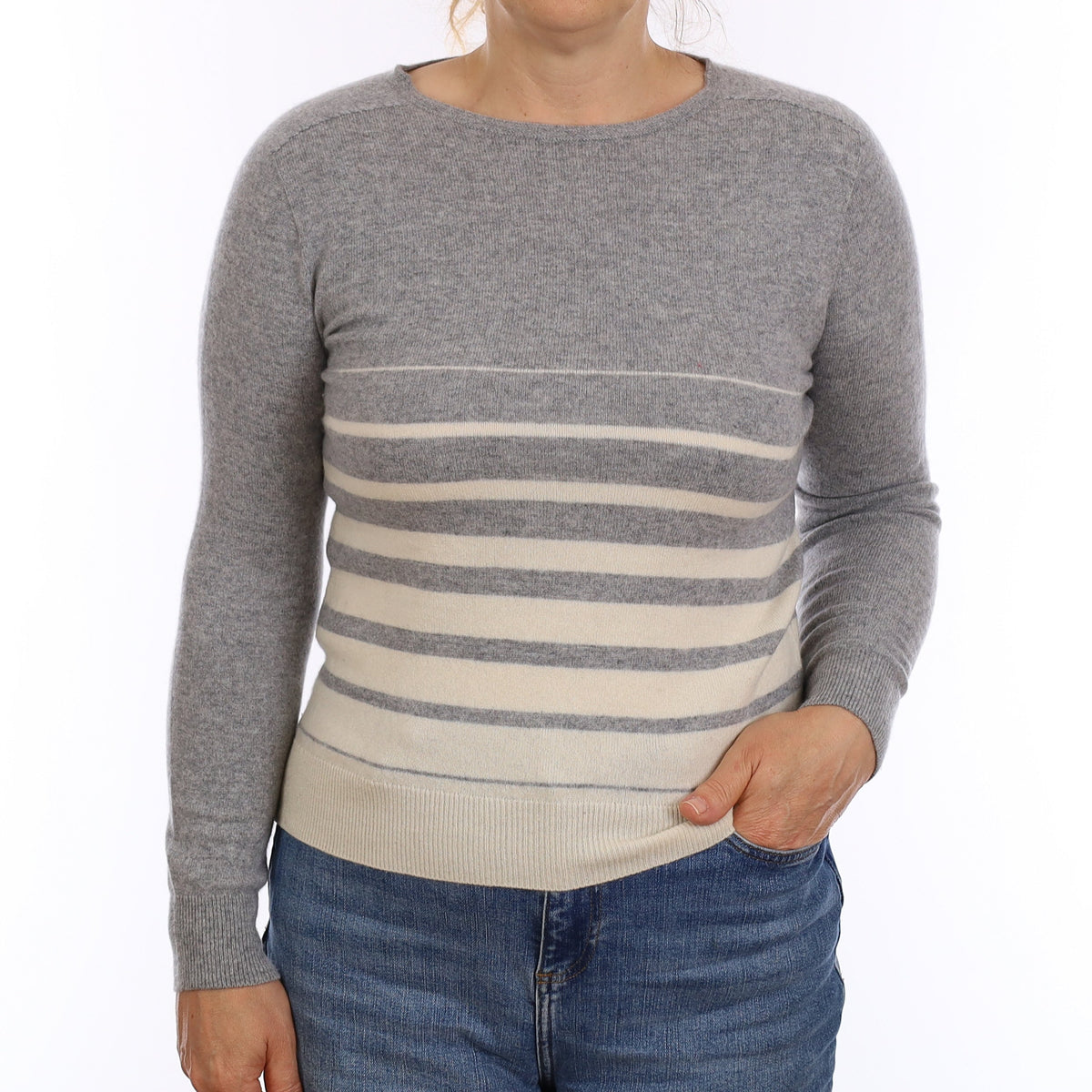 Grey & Ivory Stripe Cashmere Crew Neck Jumper Medium