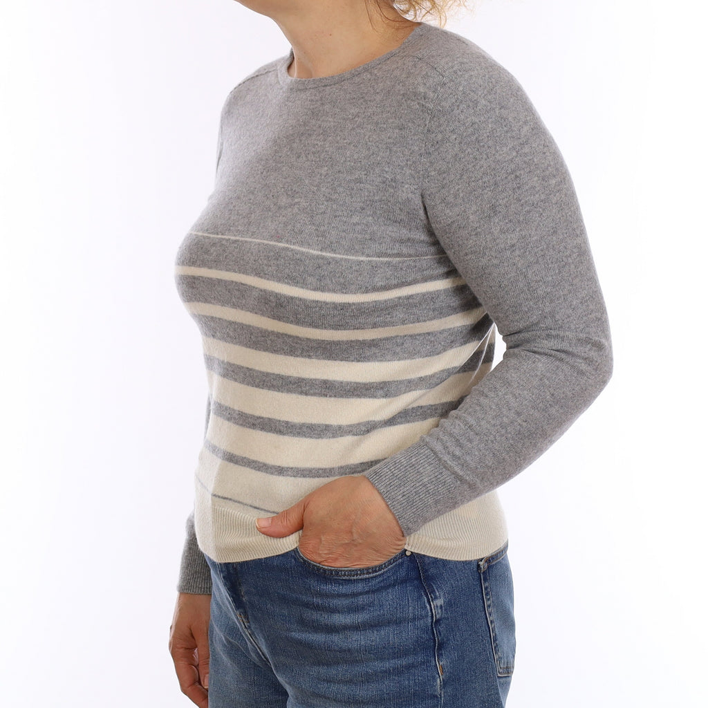 Grey & Ivory Stripe Cashmere Crew Neck Jumper Medium