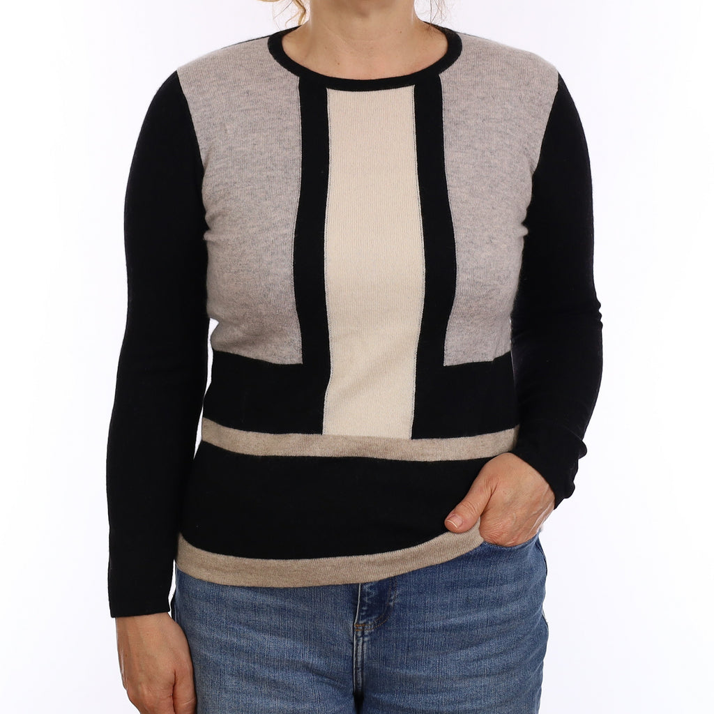 Black Colour Block Cashmere Crew Neck Jumper Medium