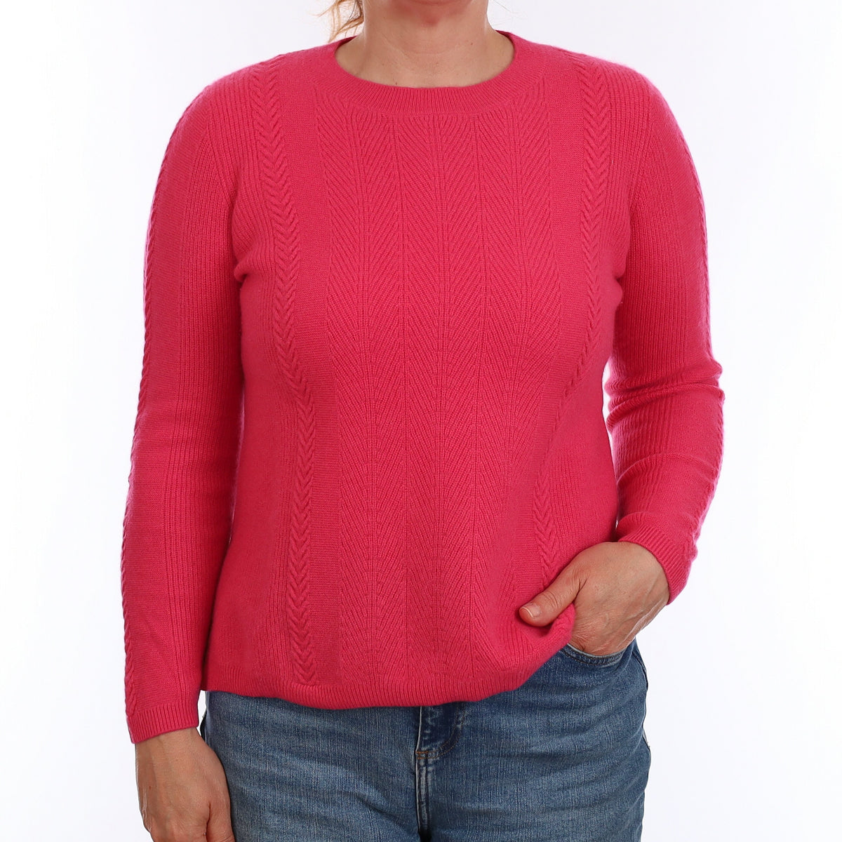 Rose Pink Textured Cashmere Crew Neck Jumper Medium