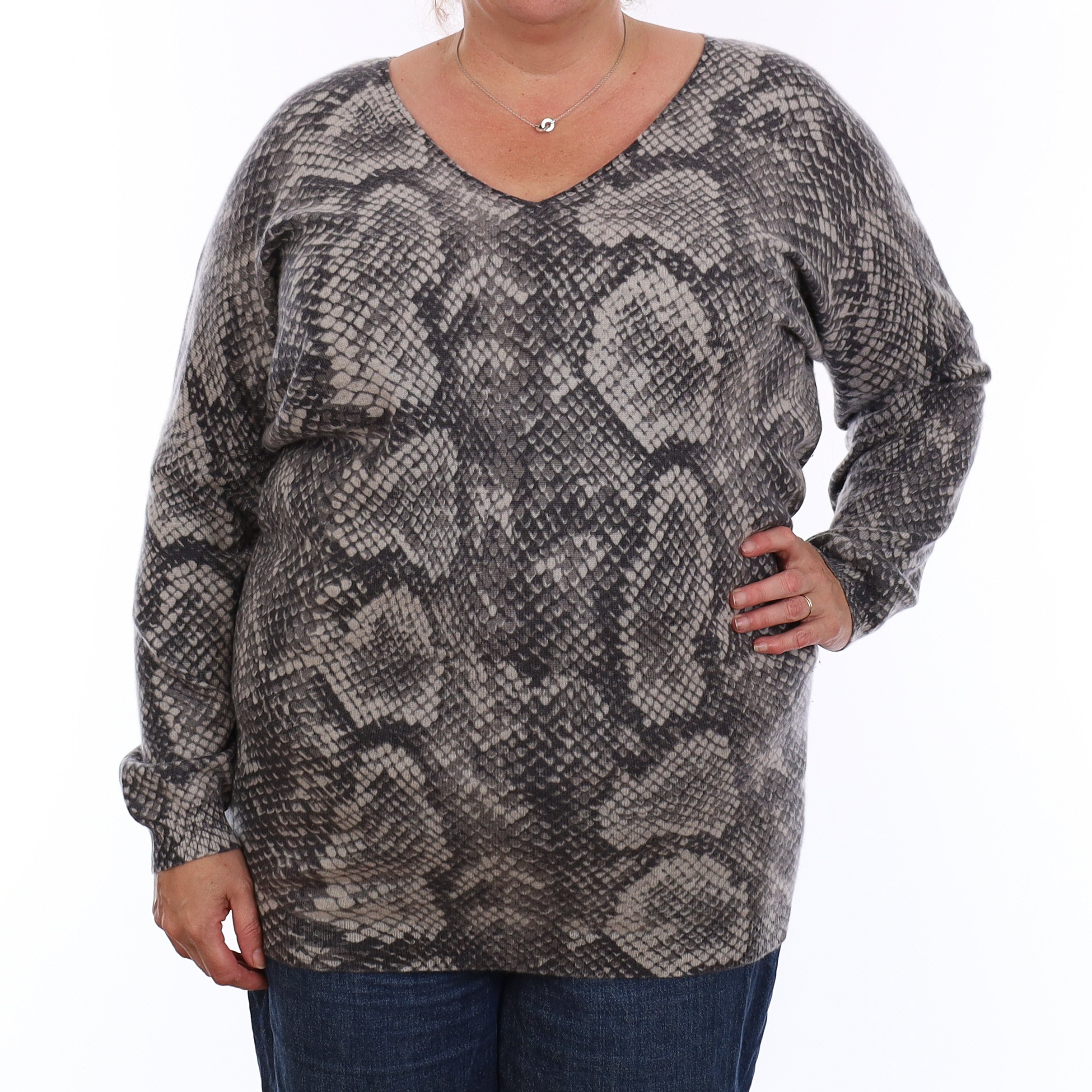 Grey Snake Skin Cashmere V Neck Jumper Extra Large