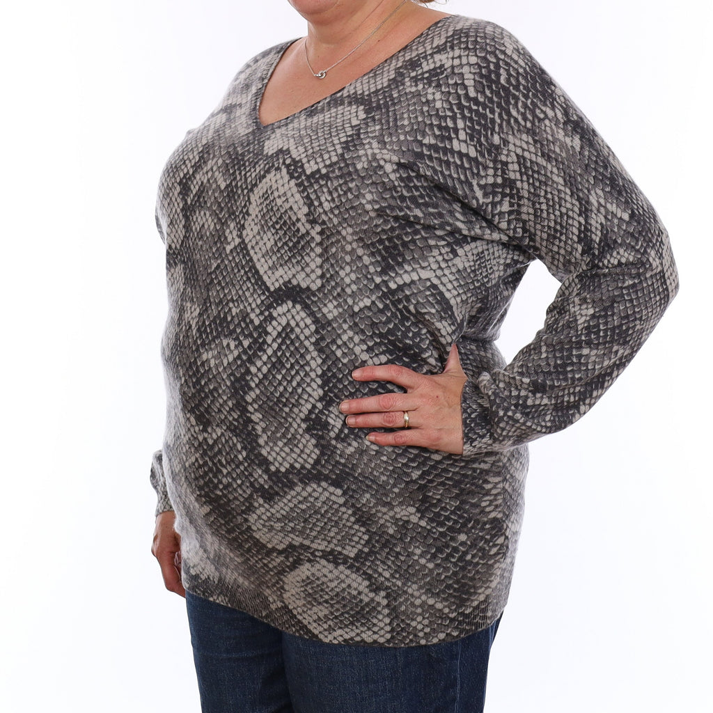 Grey Snake Skin Cashmere V Neck Jumper Extra Large