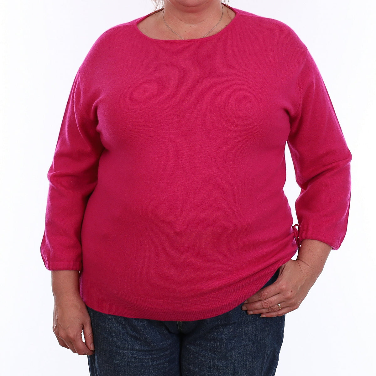 Fuchsia Pink Cashmere Drawstring Sleeve Boat Neck Jumper XXL