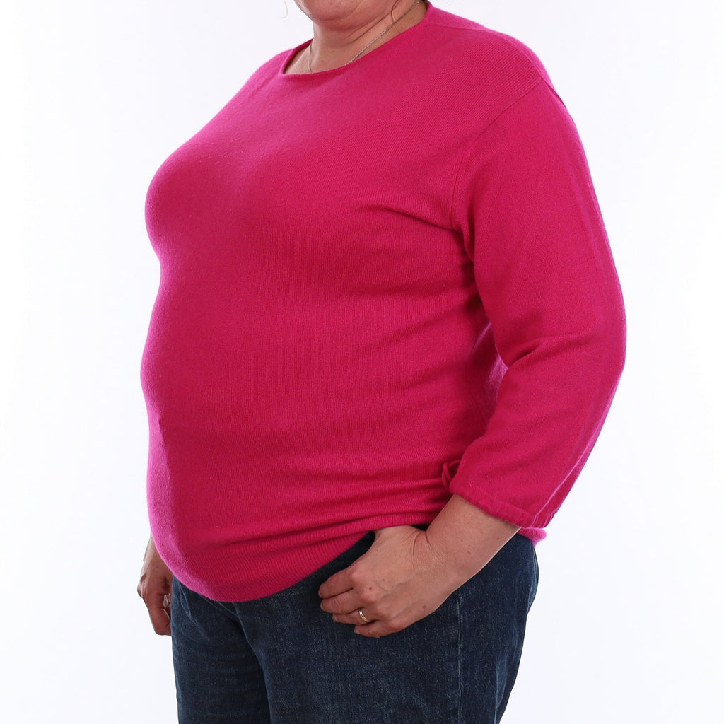 Fuchsia Pink Cashmere Drawstring Sleeve Boat Neck Jumper XXL