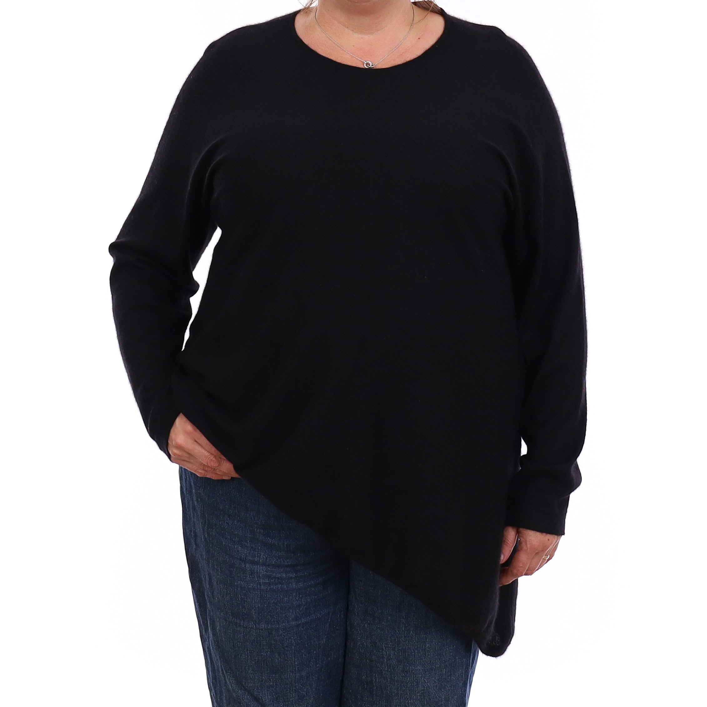 Black Fine Knit Cashmere Asymmetric Crew Neck Jumper Extra Large