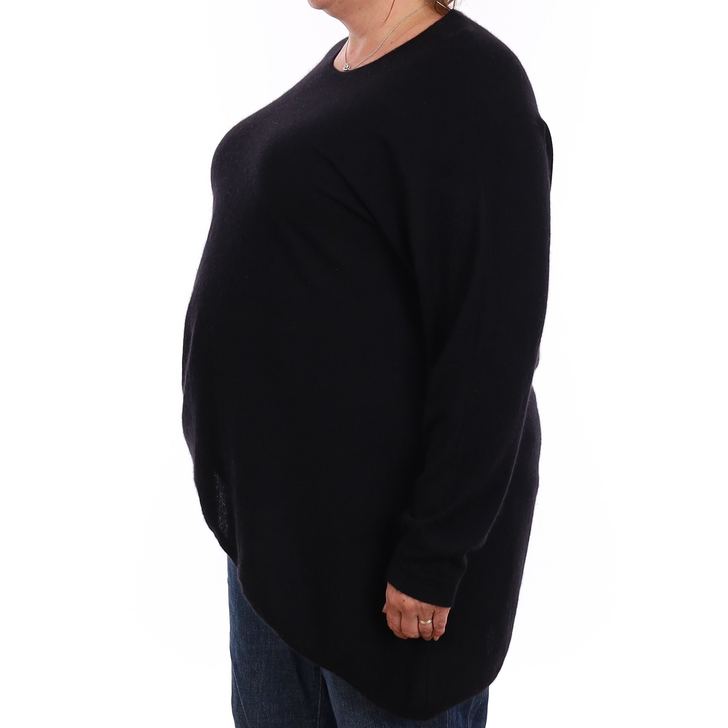 Black Fine Knit Cashmere Asymmetric Crew Neck Jumper Extra Large