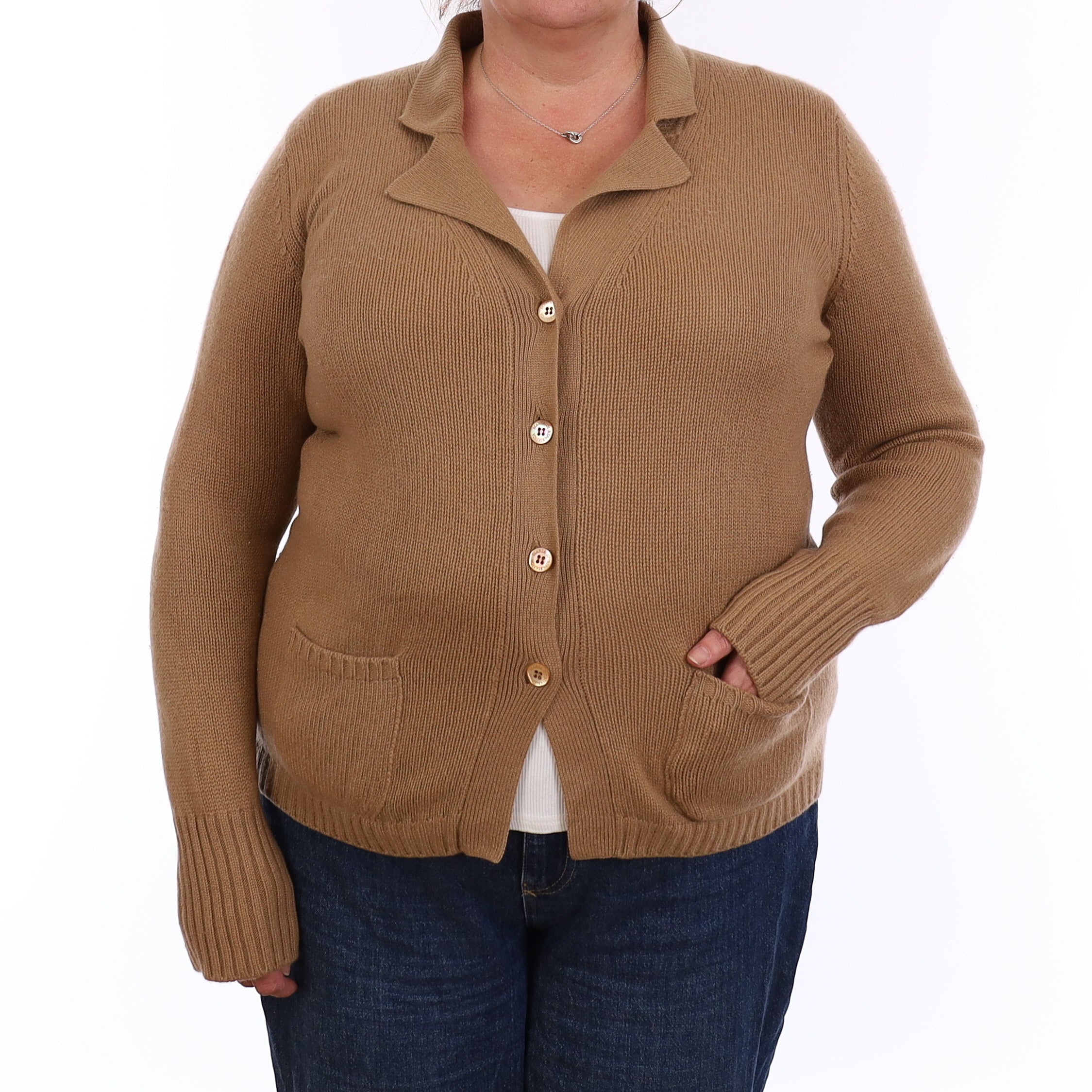 Italian Camel Brown Cashmere Collared Cardigan with Pockets Extra Large