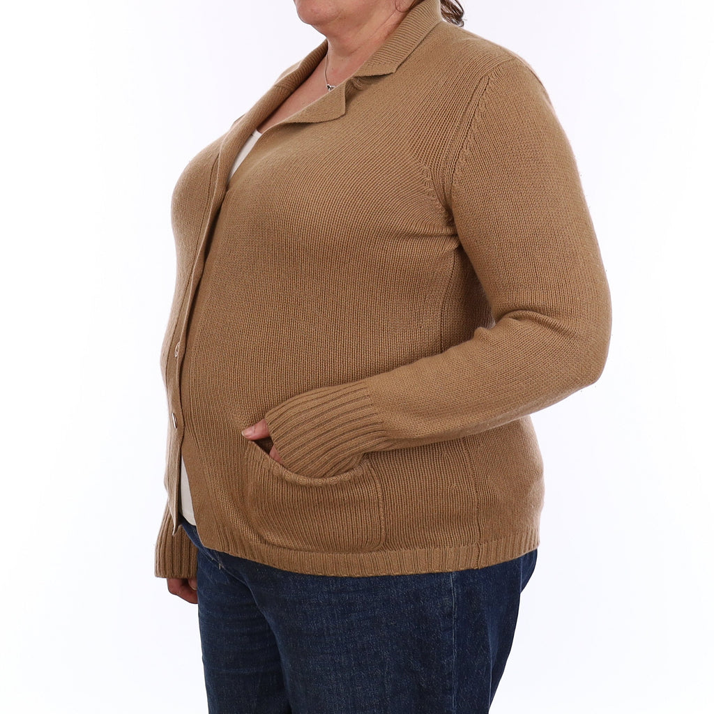 Italian Camel Brown Cashmere Collared Cardigan with Pockets Extra Large