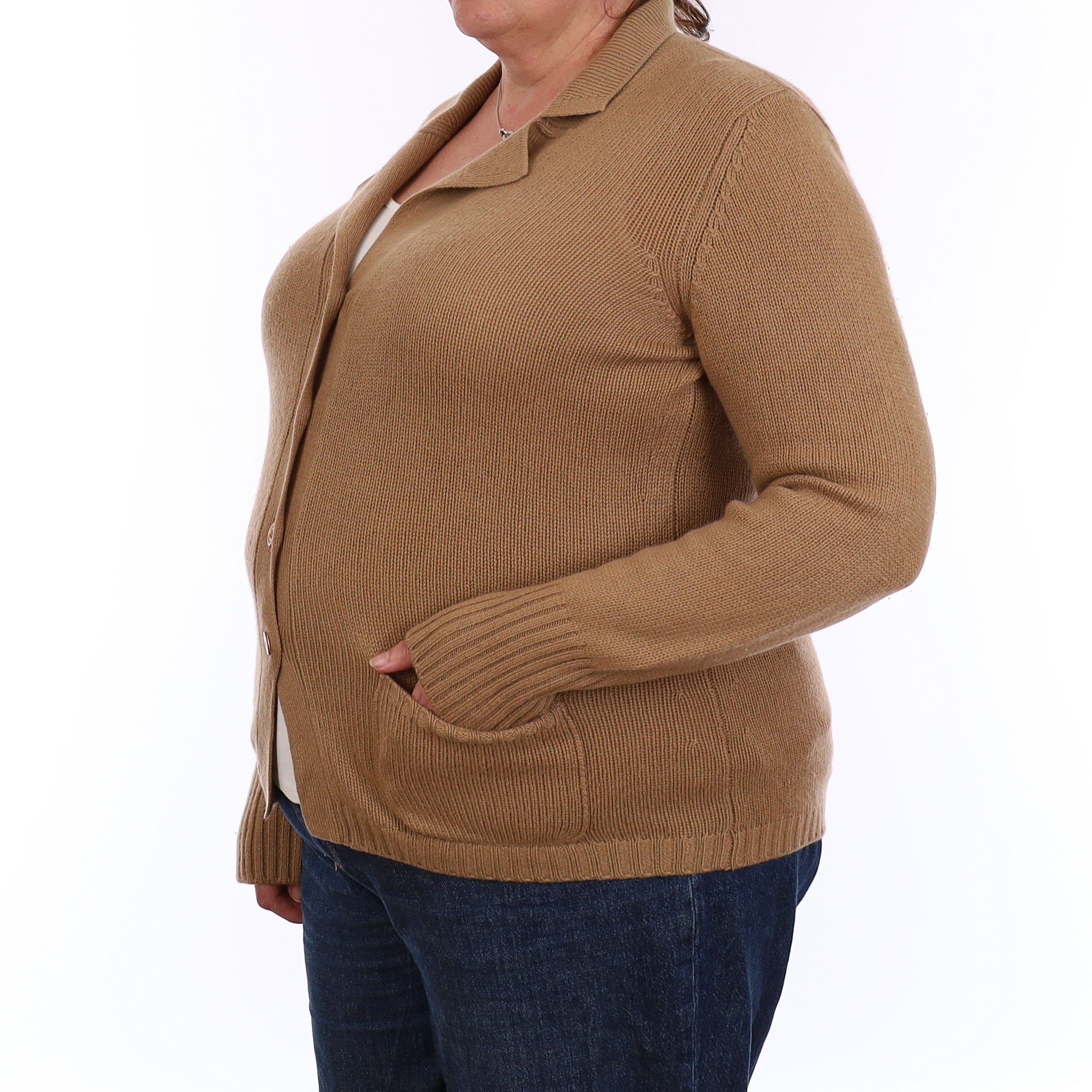 Italian Camel Brown Cashmere Collared Cardigan with Pockets Extra Large