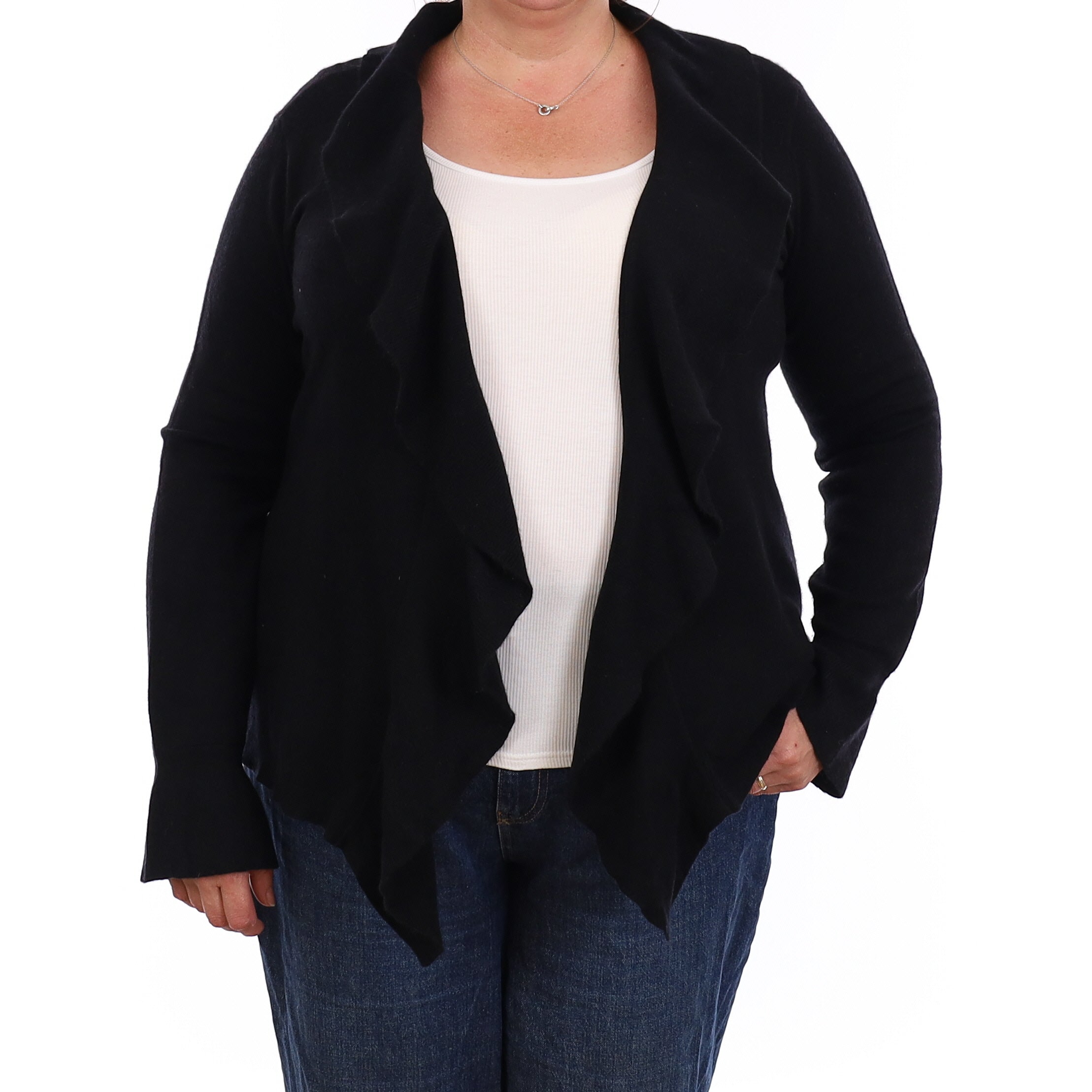 Black Ruffle Trimmed Cashmere Edge to Edge Cardigan Extra Large