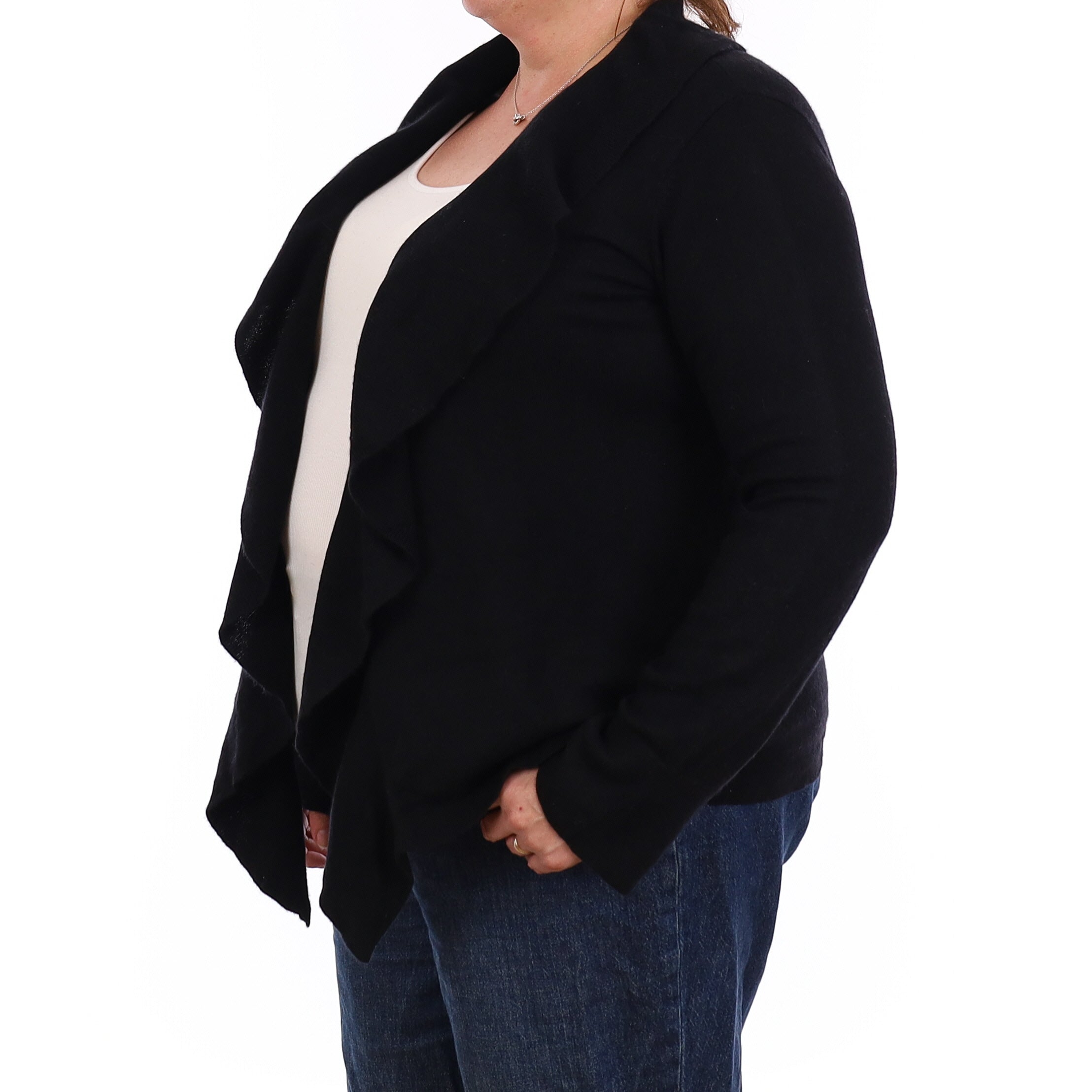 Black Ruffle Trimmed Cashmere Edge to Edge Cardigan Extra Large