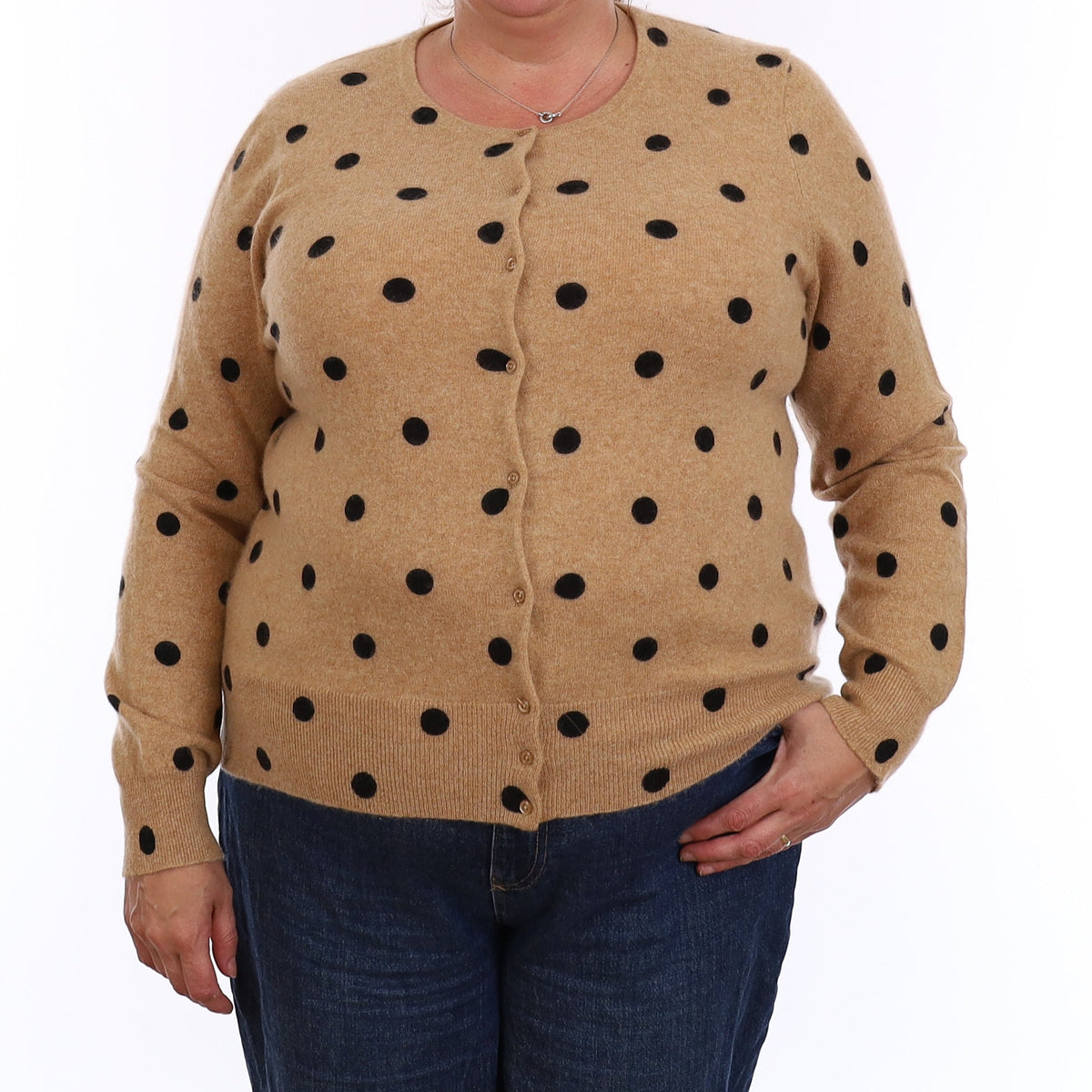 Caramel and Black Spotted Cashmere Crew Neck Cardigan XXL