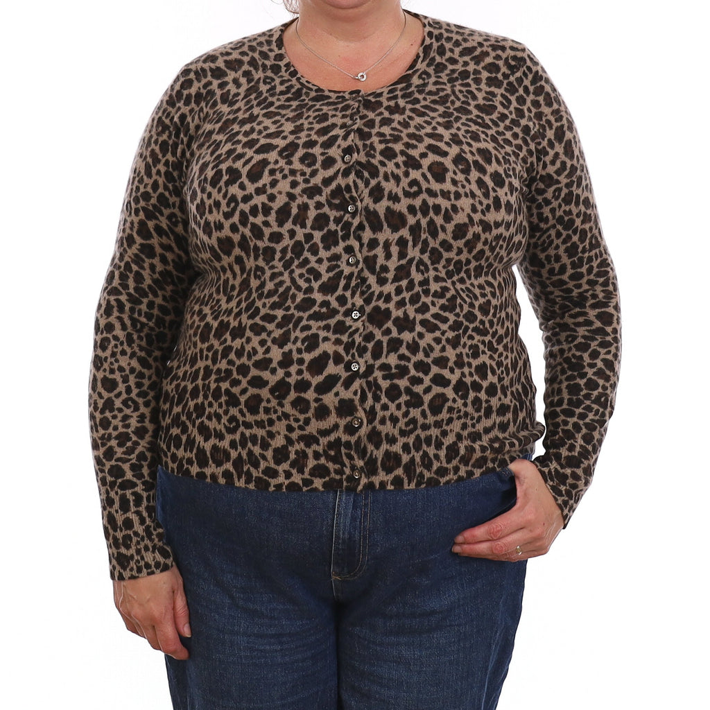 Brown Leopard Print Cashmere Crew Neck Cardigan Extra Large