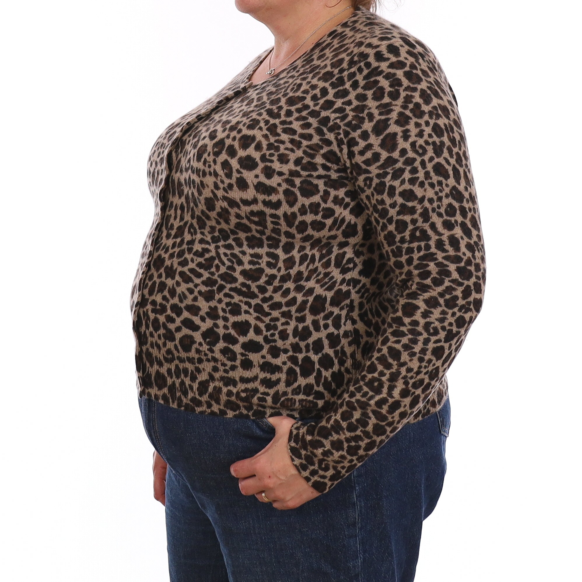 Brown Leopard Print Cashmere Crew Neck Cardigan Extra Large