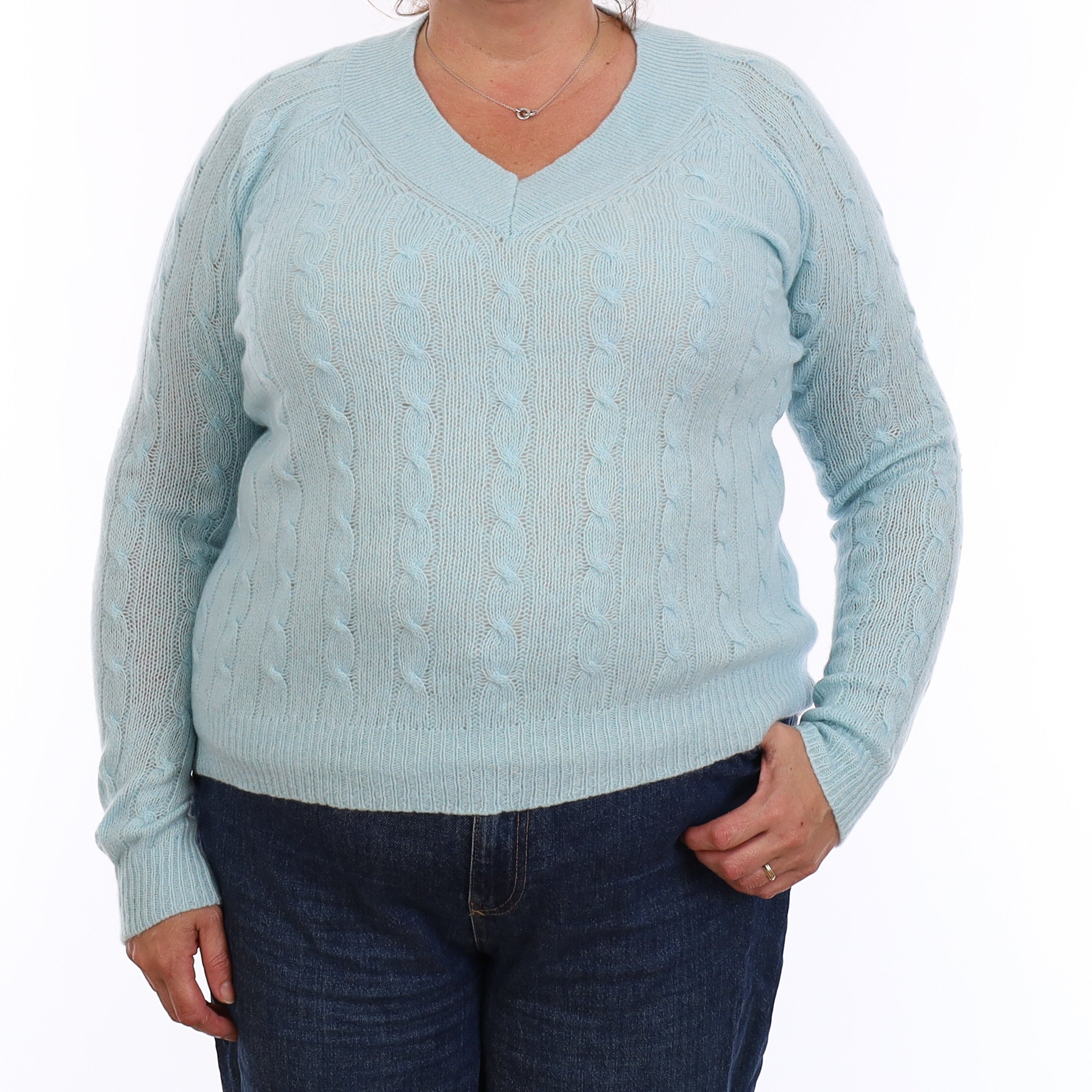 Opal Blue Cable Cashmere V Neck Jumper Extra Large