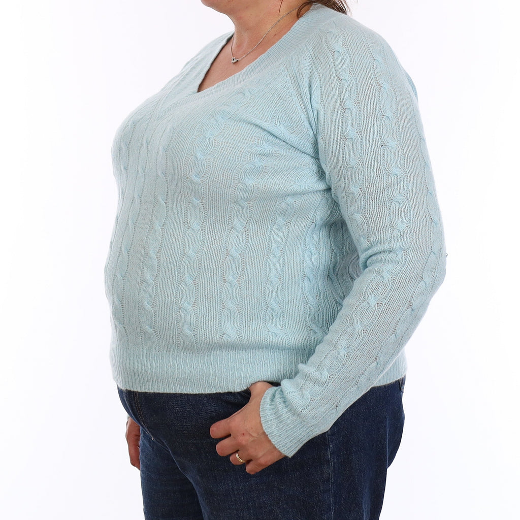 Opal Blue Cable Cashmere V Neck Jumper Extra Large