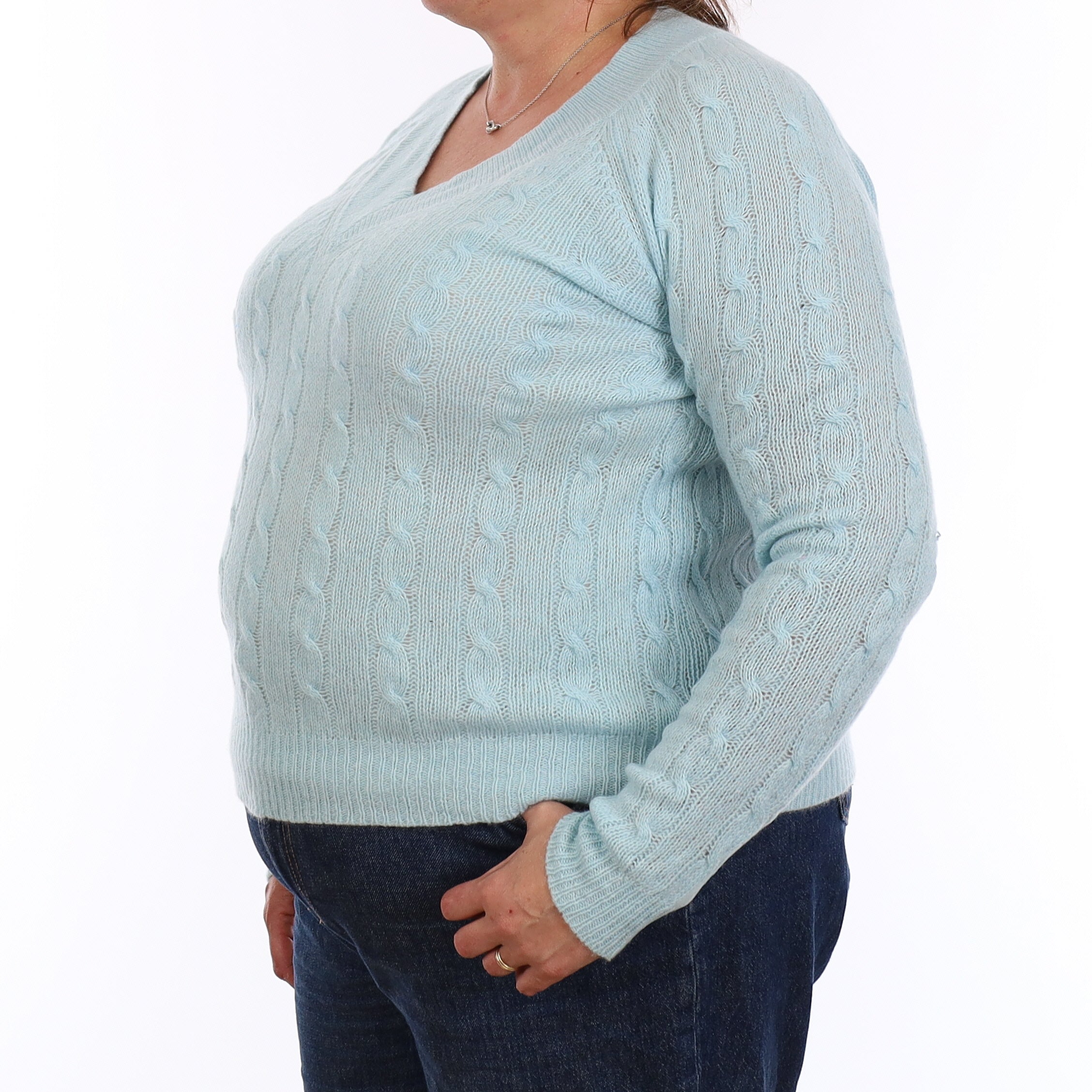 Opal Blue Cable Cashmere V Neck Jumper Extra Large