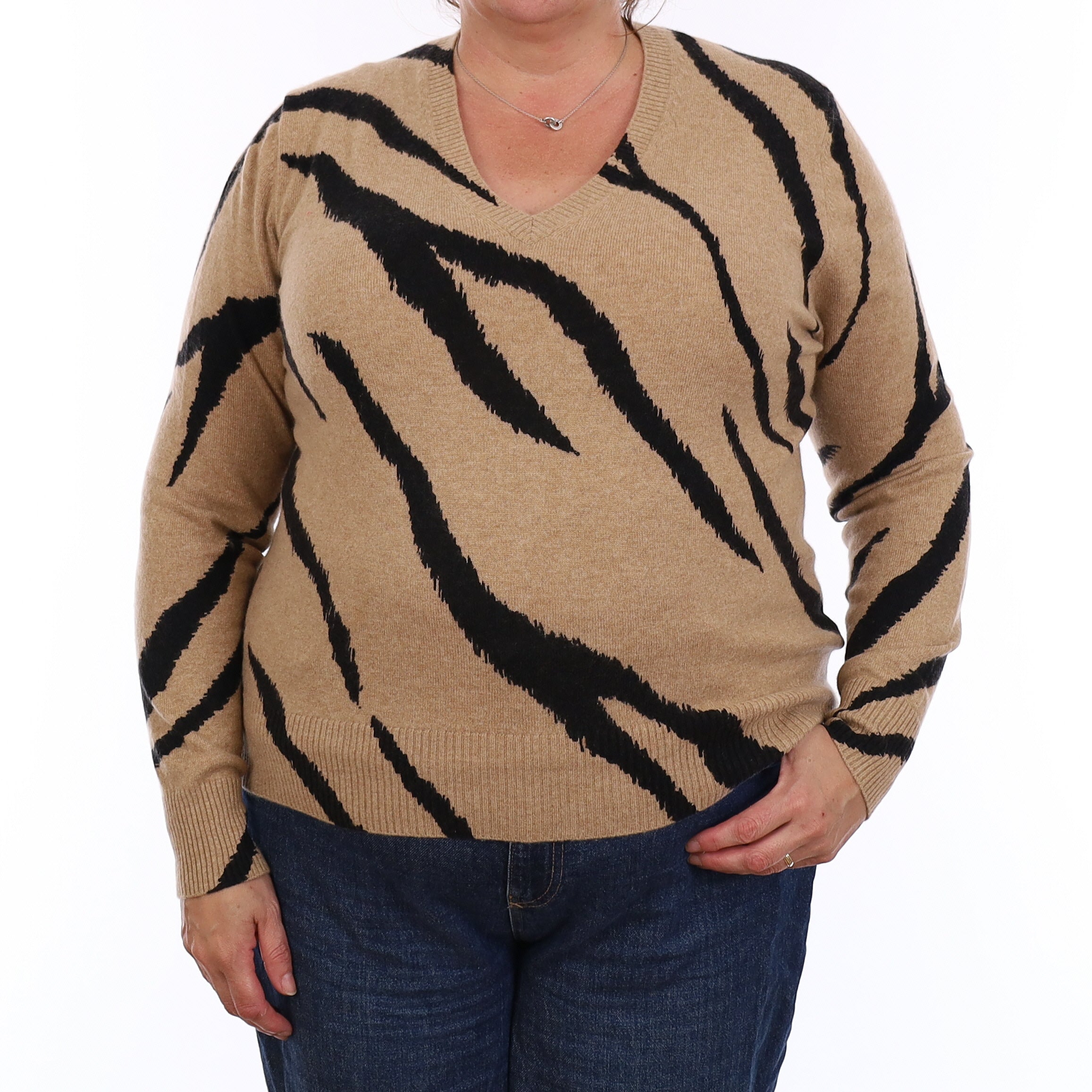Camel and Black Zebra Stripe Cashmere V Neck Jumper Extra Large