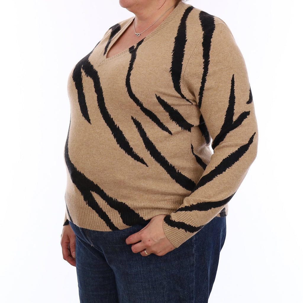 Camel and Black Zebra Stripe Cashmere V Neck Jumper Extra Large