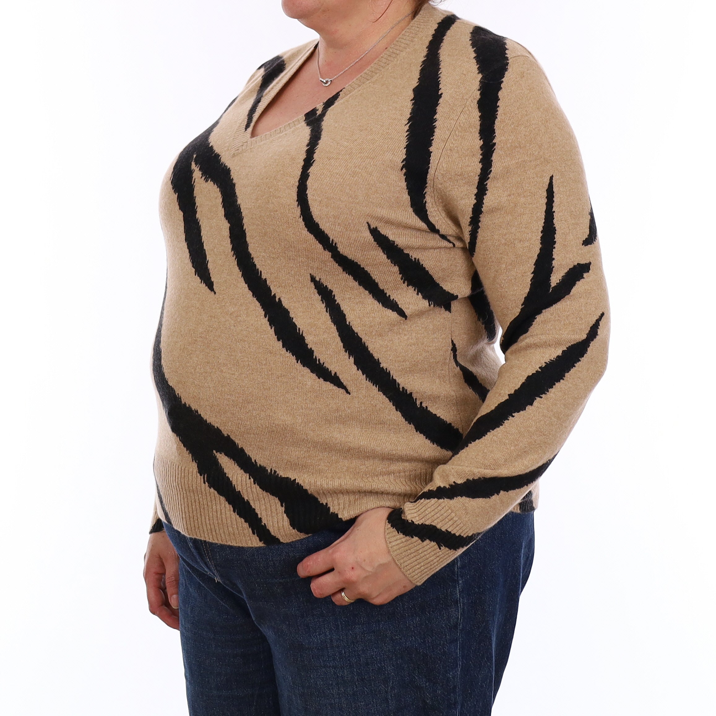 Camel and Black Zebra Stripe Cashmere V Neck Jumper Extra Large