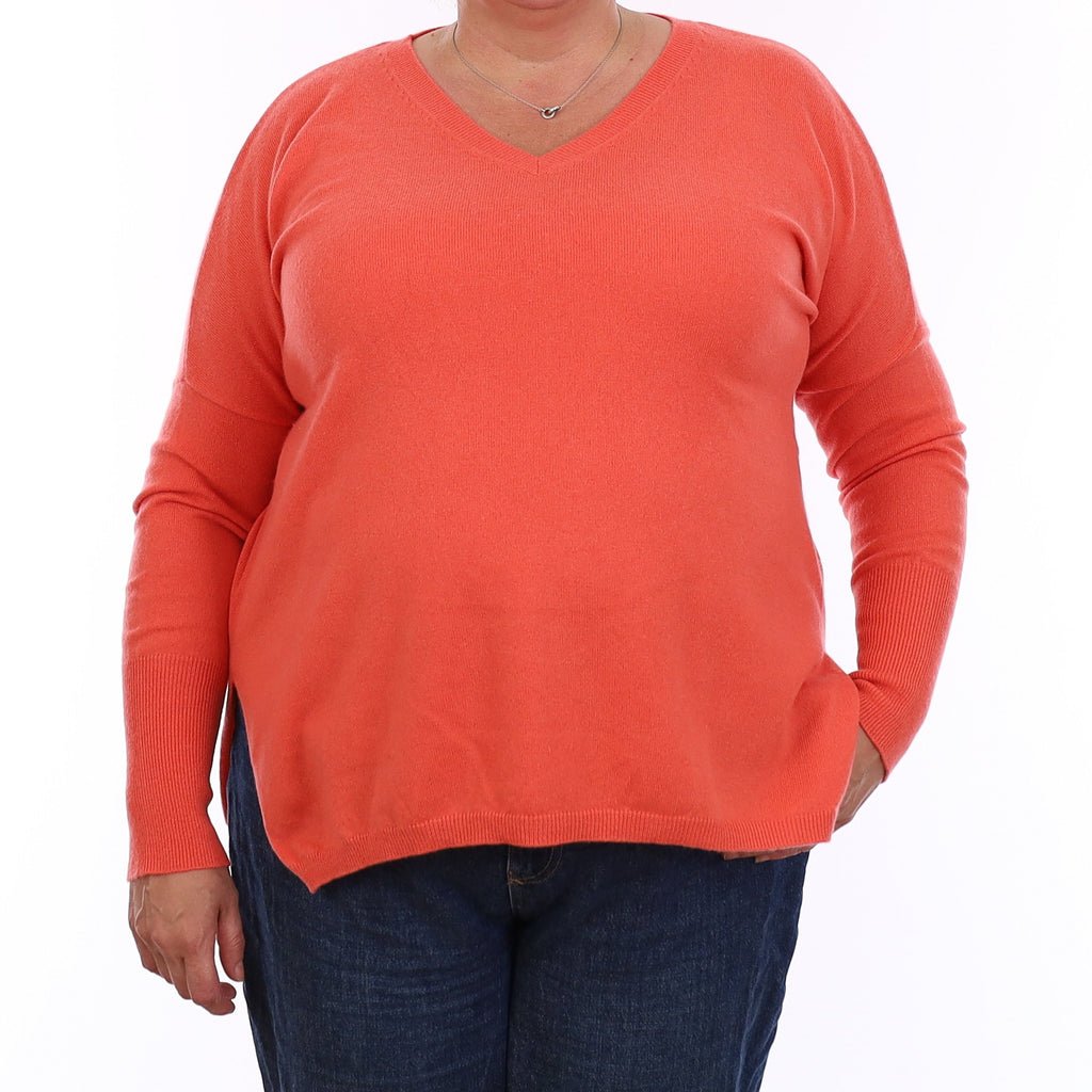 Coral Orange Cashmere Batwing V Neck Jumper Extra Large