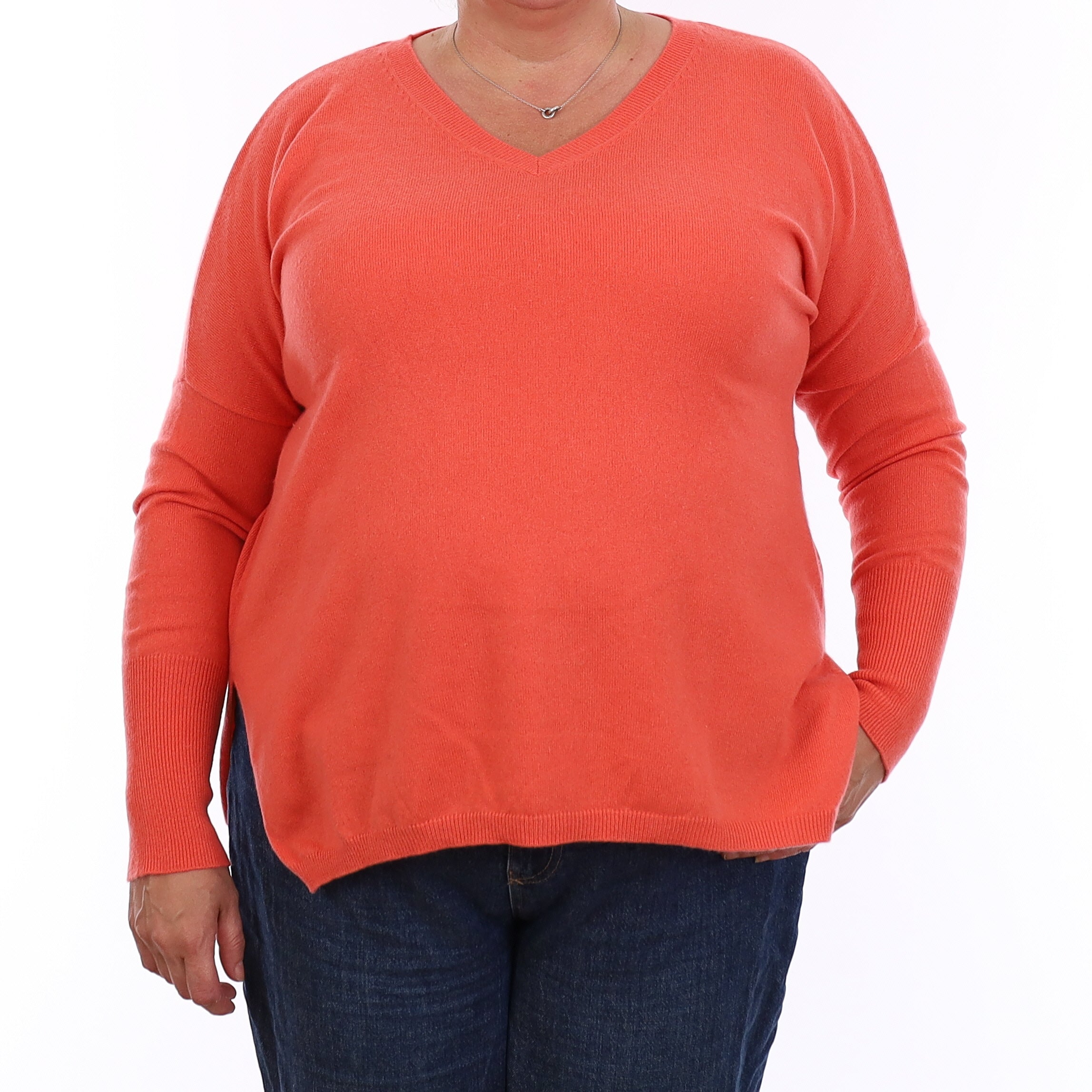 Coral Orange Cashmere Batwing V Neck Jumper Extra Large