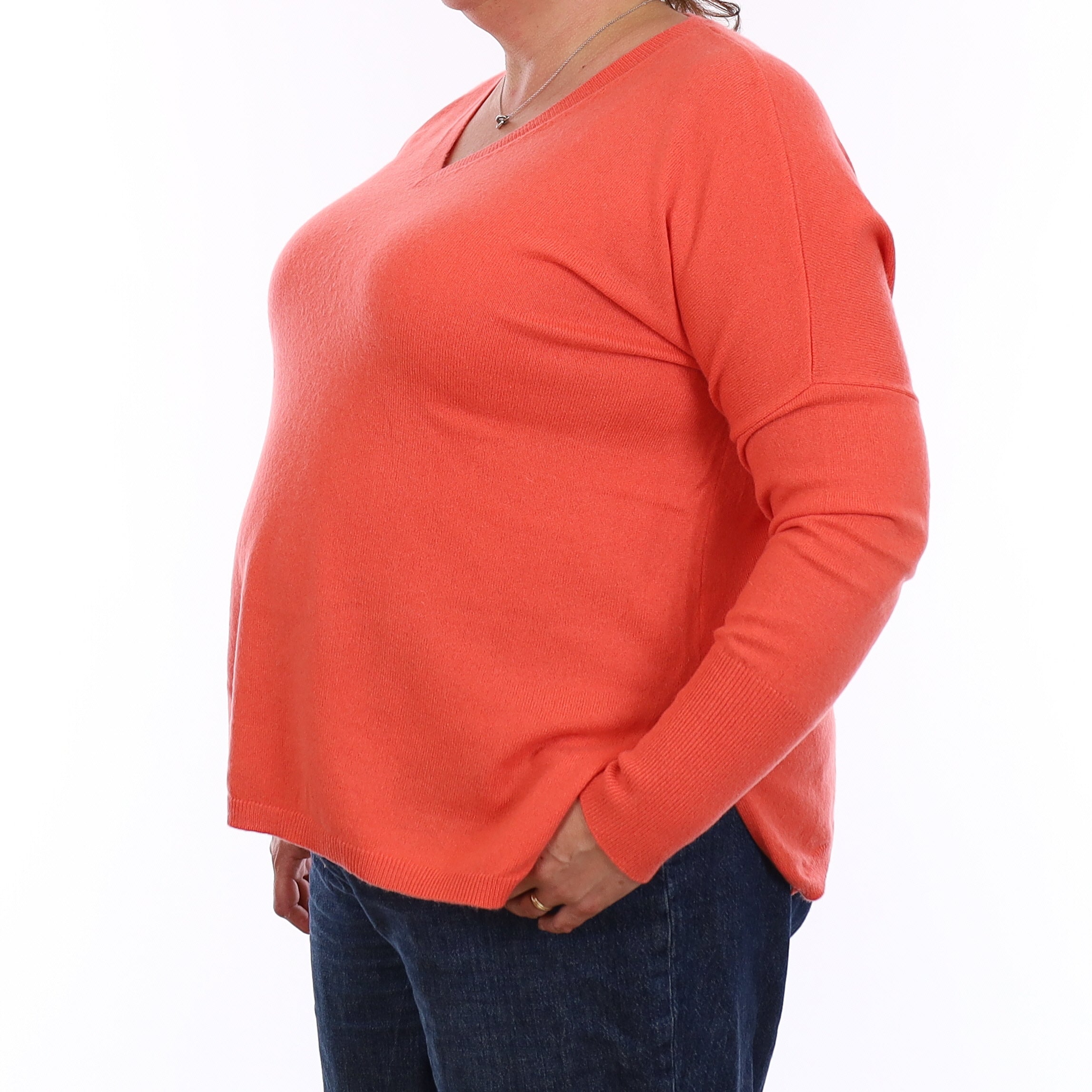 Coral Orange Cashmere Batwing V Neck Jumper Extra Large