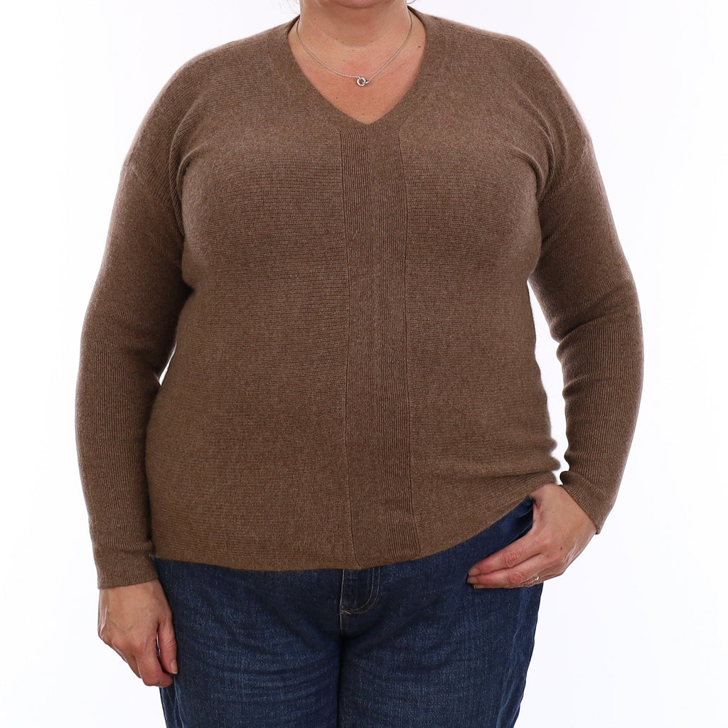 Pecan Brown Rib Cashmere V Neck Jumper Extra Large