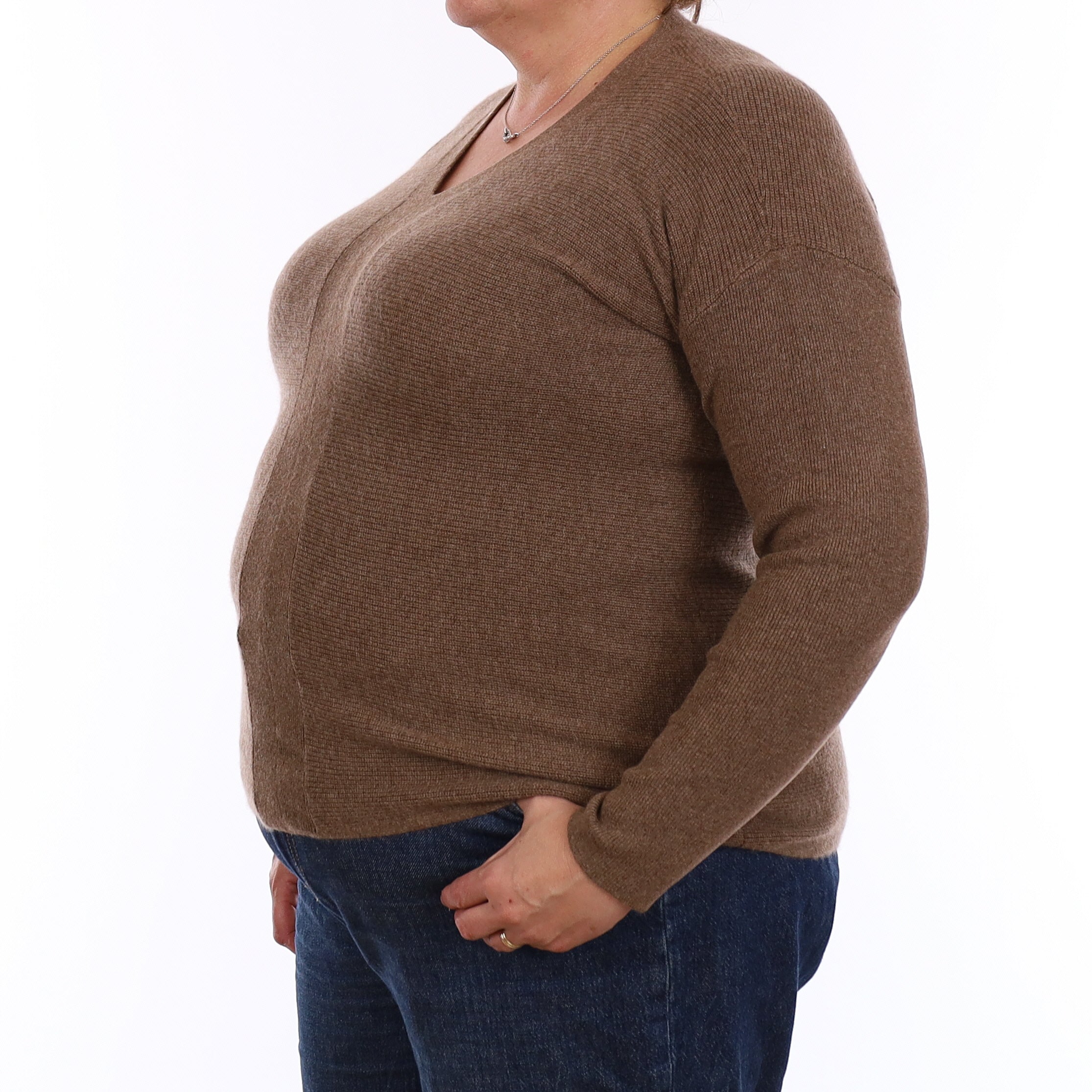 Pecan Brown Rib Cashmere V Neck Jumper Extra Large