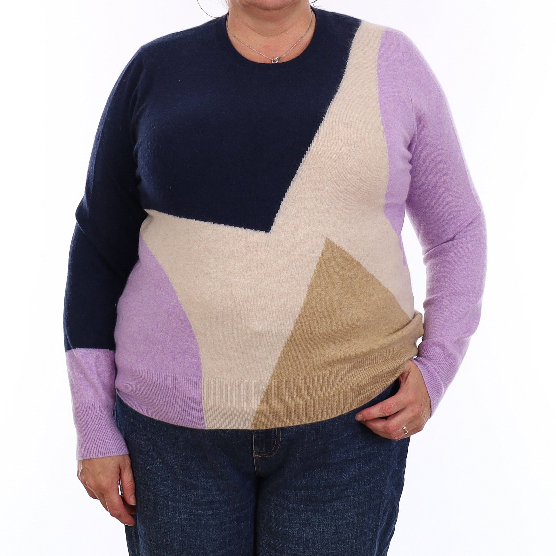 Purple Colour Block Cashmere Crew Neck Jumper Extra Large
