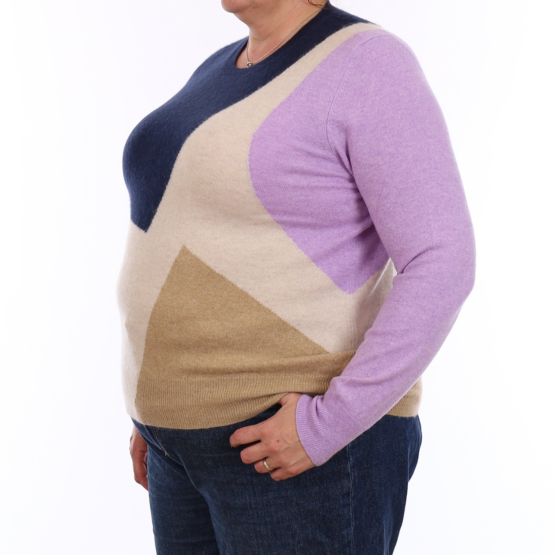 Purple Colour Block Cashmere Crew Neck Jumper Extra Large