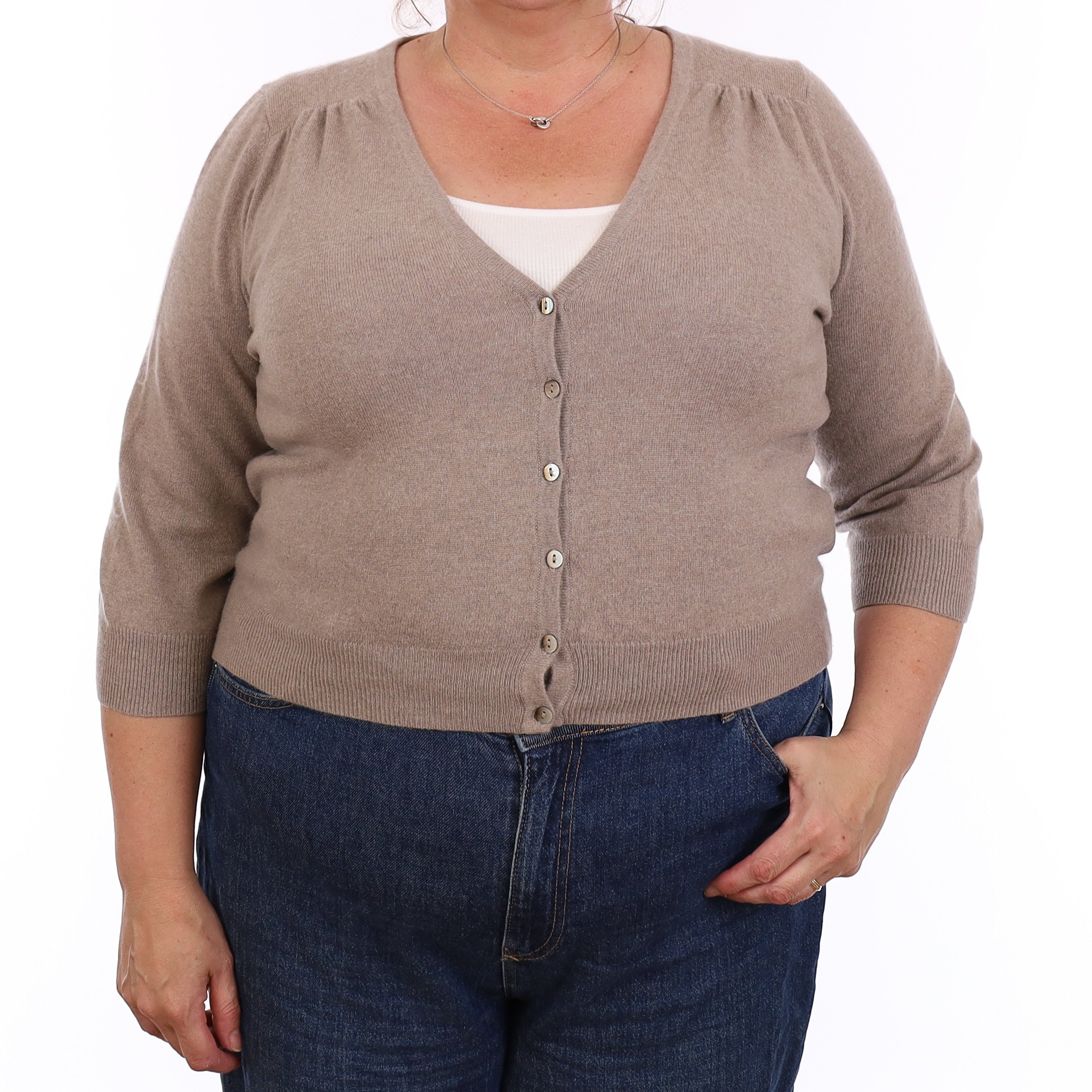 Mink Brown Cashmere 3/4 Sleeve Cropped Cardigan Extra Large