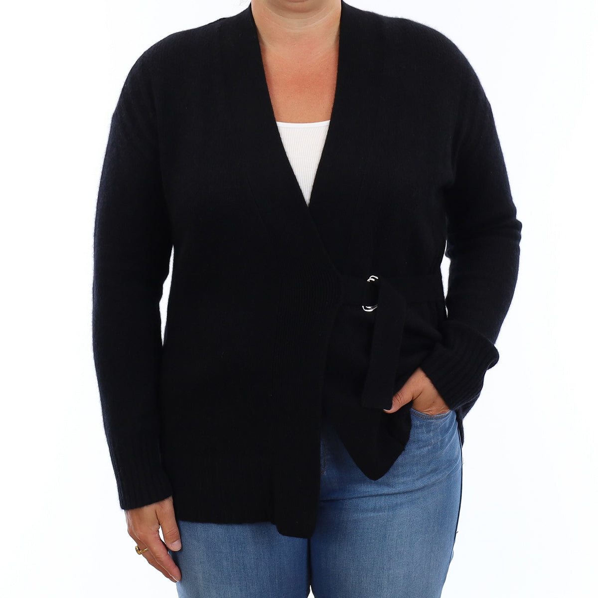 Black Cashmere V Neck Cardigan with Belt Large