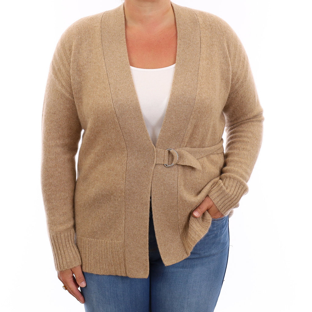 Caramel Brown Cashmere V Neck Cardigan with Belt Large