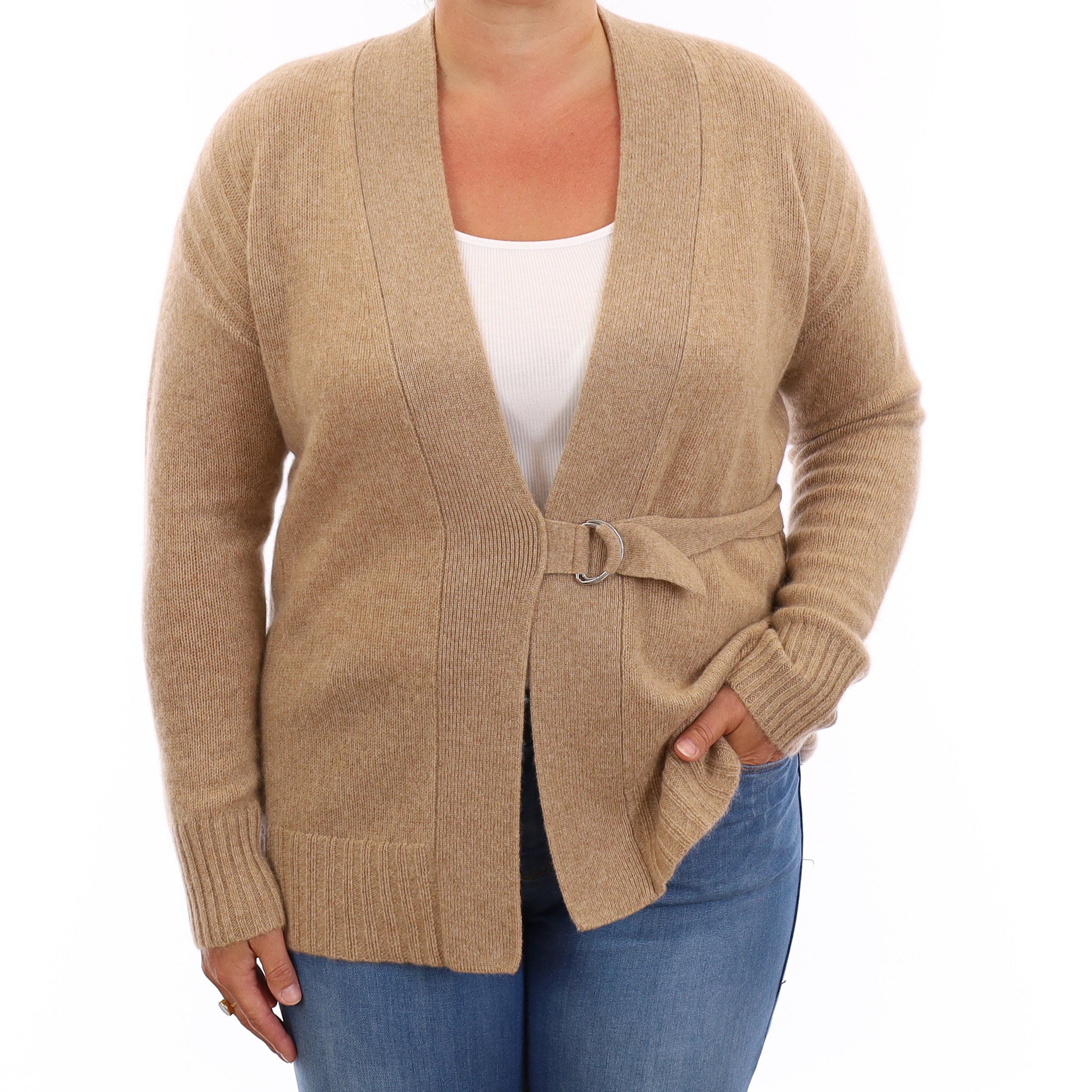 Caramel Brown Cashmere V Neck Cardigan with Belt Large