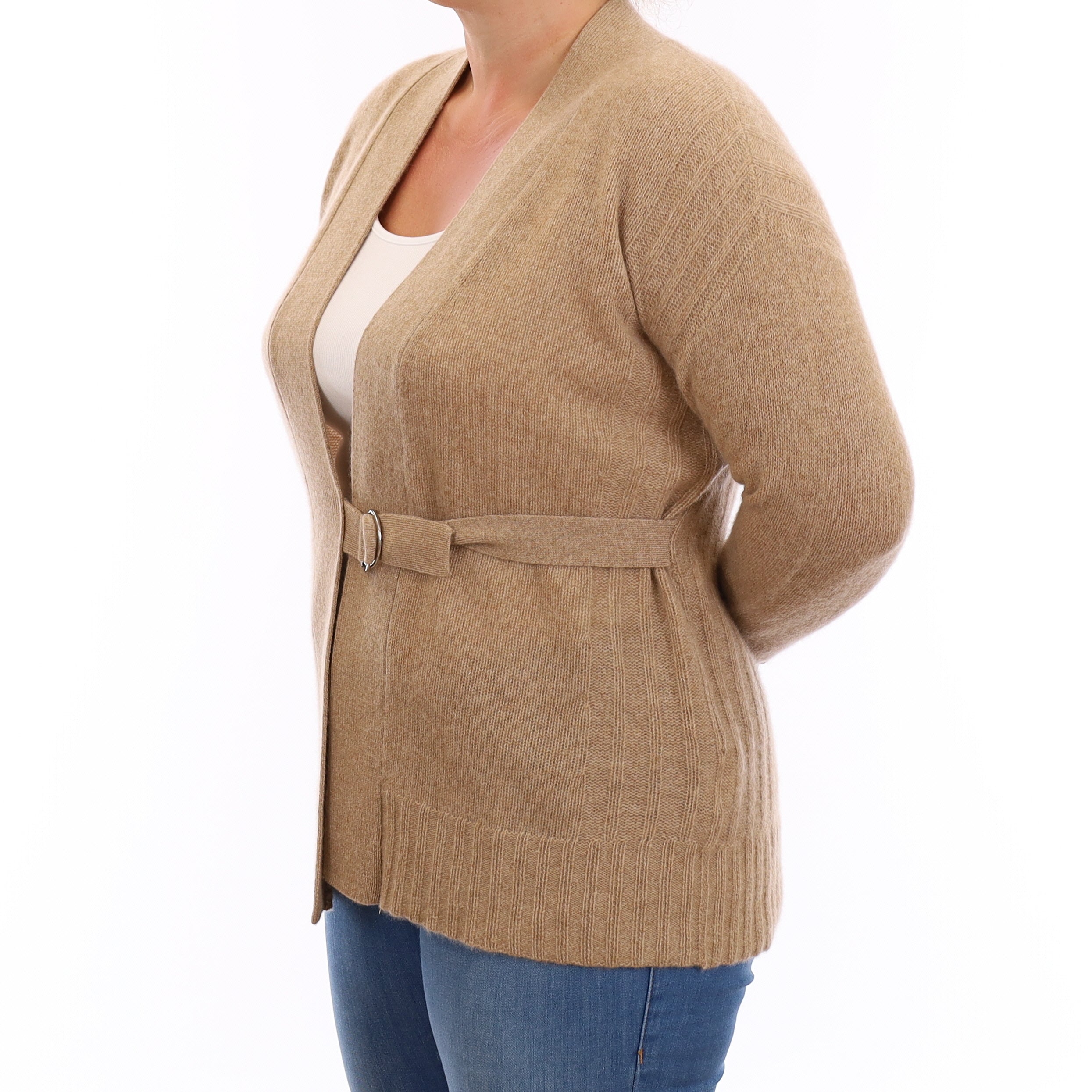 Caramel Brown Cashmere V Neck Cardigan with Belt Large