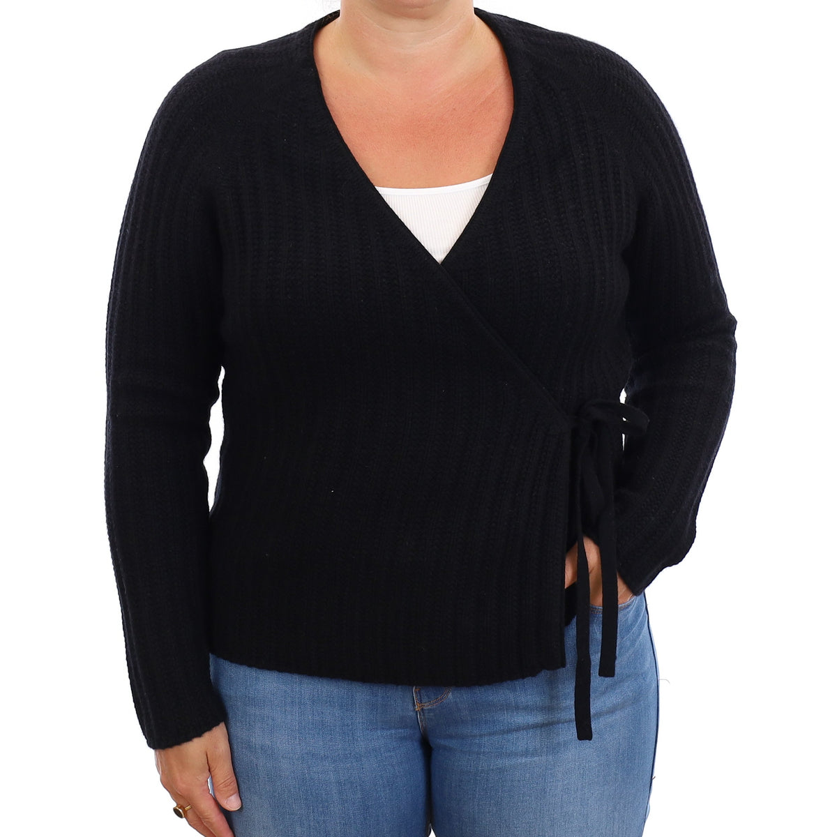 Black Chunky Rib Cashmere Cross Over Cardigan Large