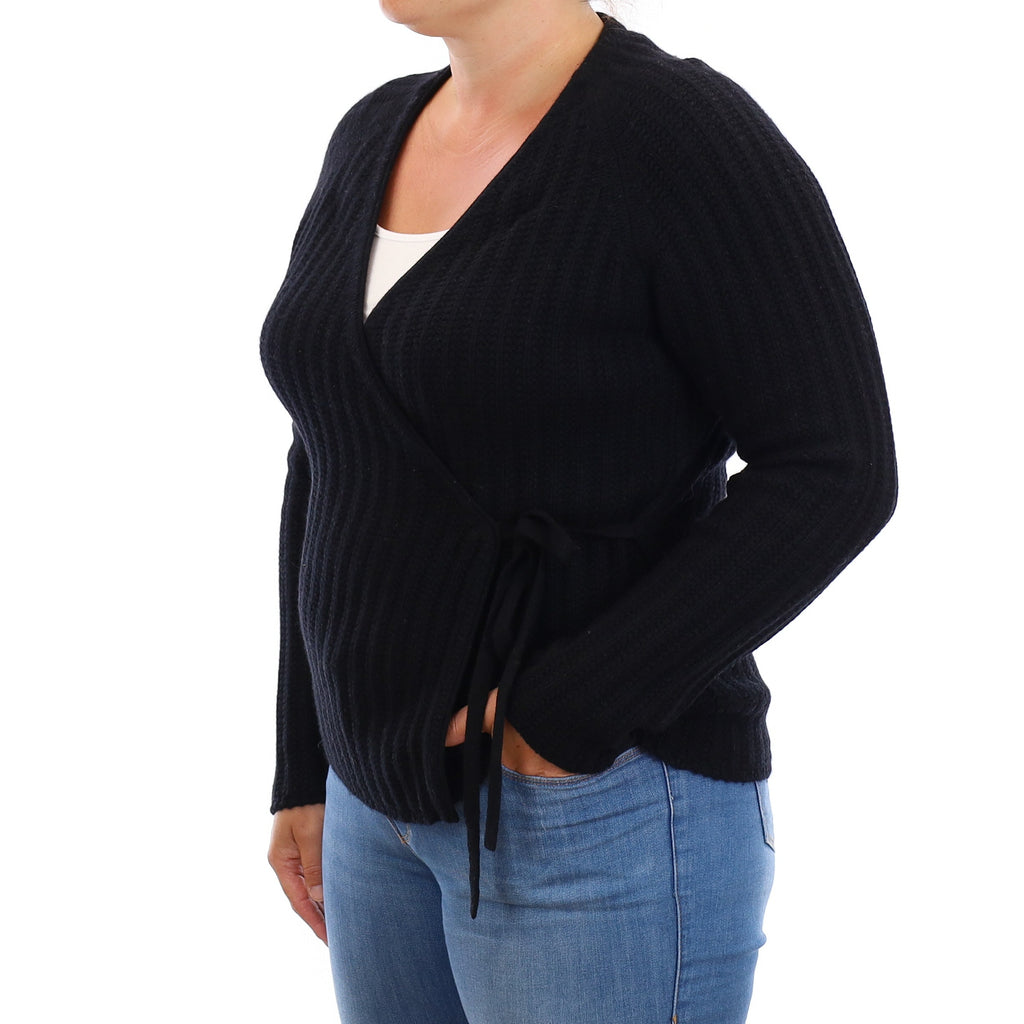 Black Chunky Rib Cashmere Cross Over Cardigan Large