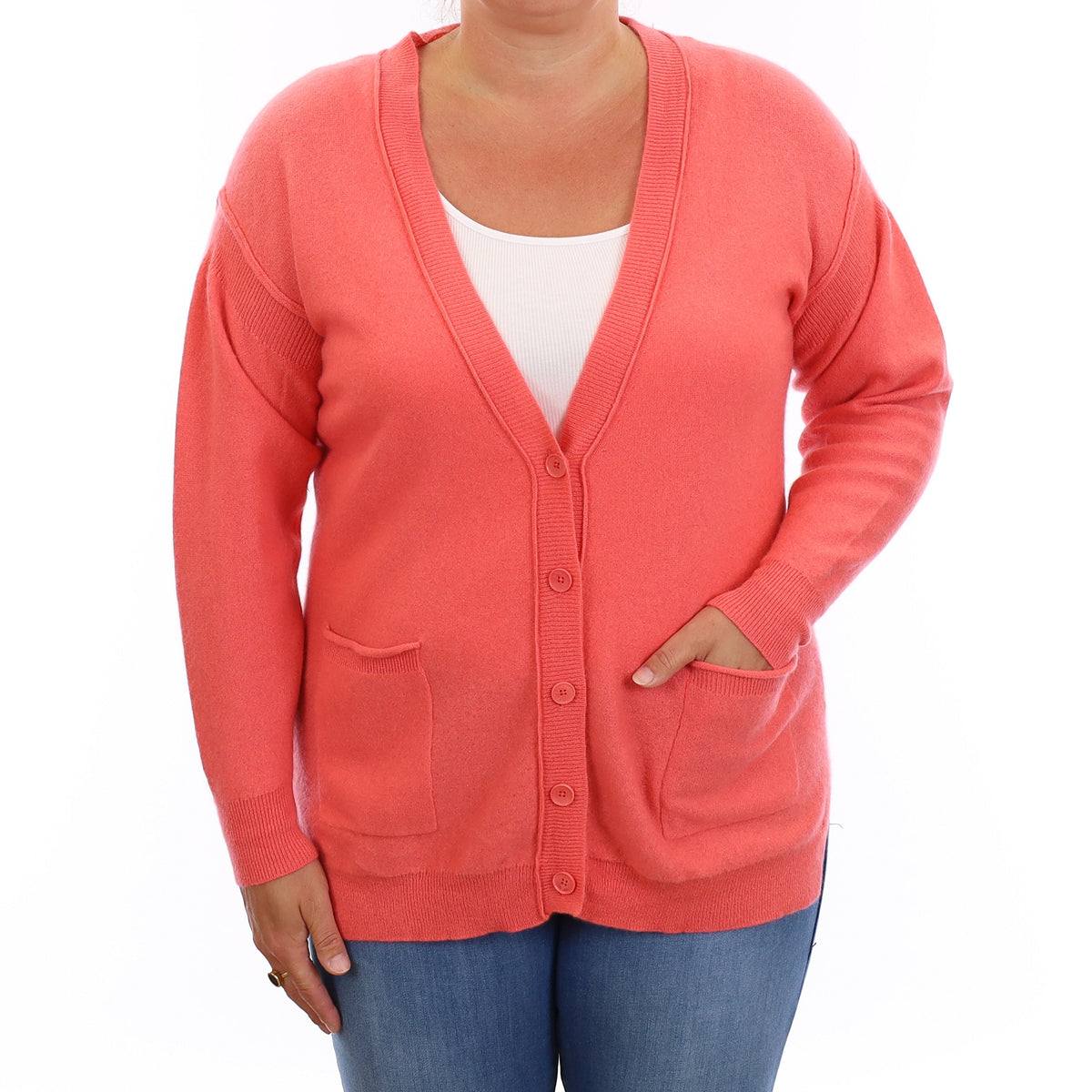 Coral Pink Cashmere Longline V Neck Cardigan with Pockets Large