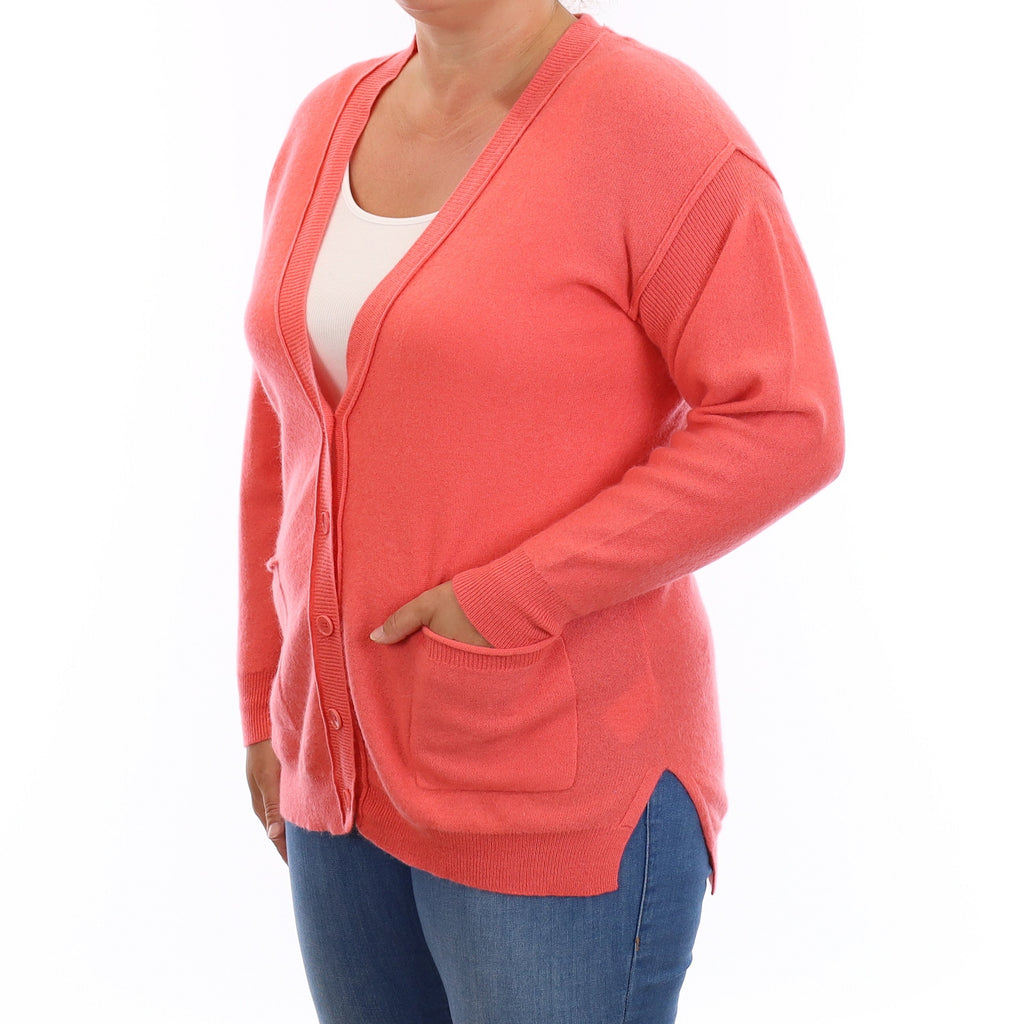 Coral Pink Cashmere Longline V Neck Cardigan with Pockets Large