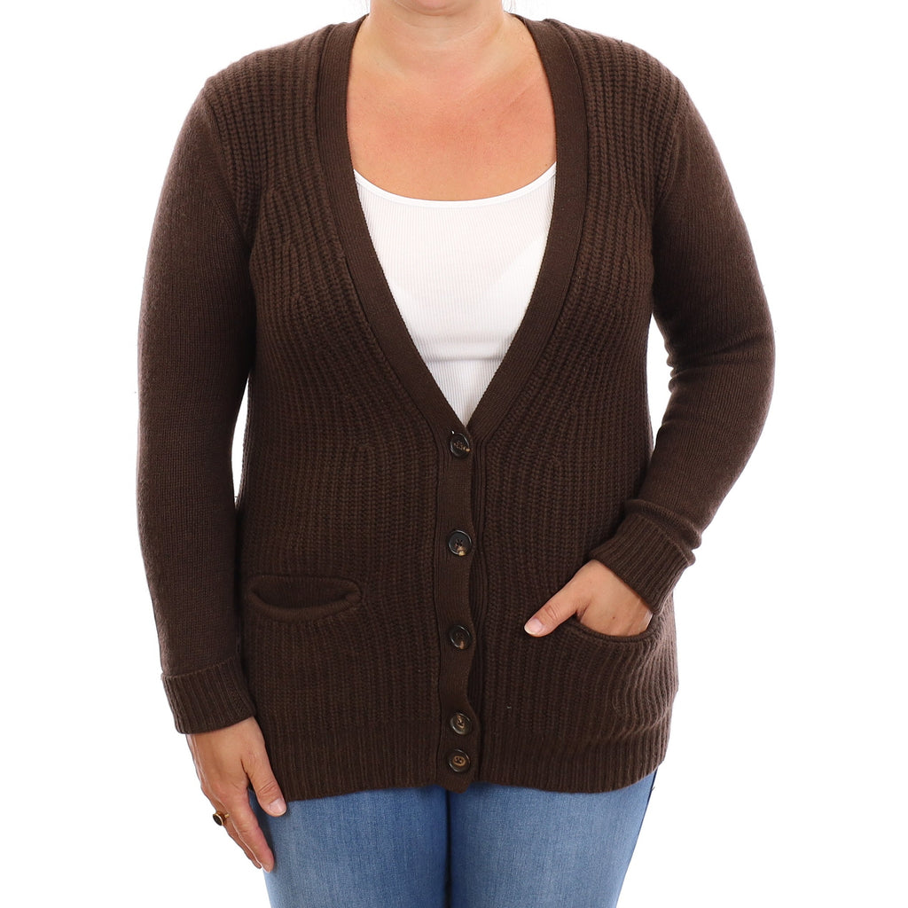 Chocolate Brown Chunky Rib Cashmere V neck Cardigan  with Pockets Large